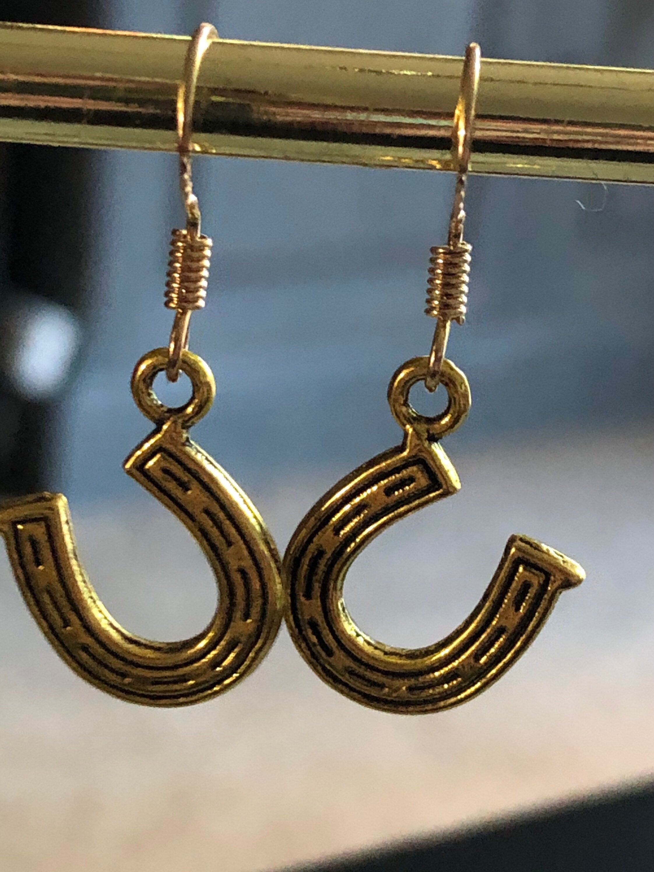 lucky horseshoe drop earrings pierced earrings antique gold colour good luck earrings