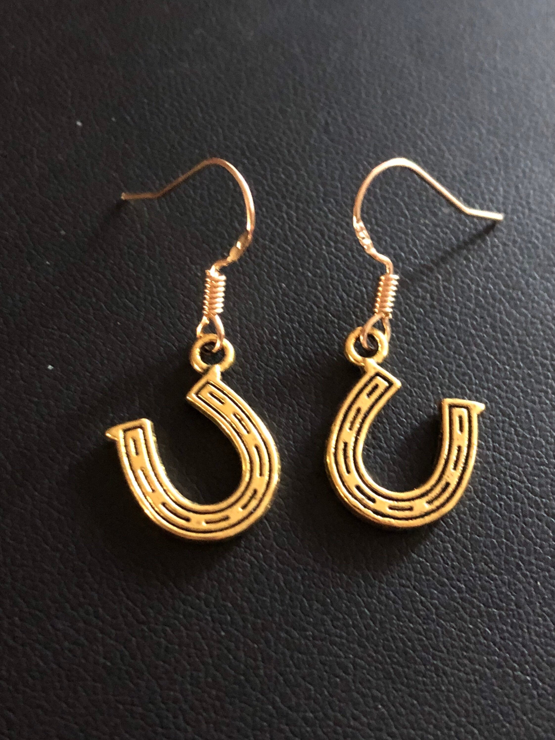 lucky horseshoe drop earrings pierced earrings antique gold colour good luck earrings