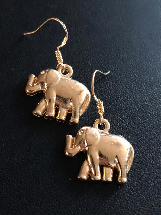 Small gold tone elephant drop earrings for pierced ears