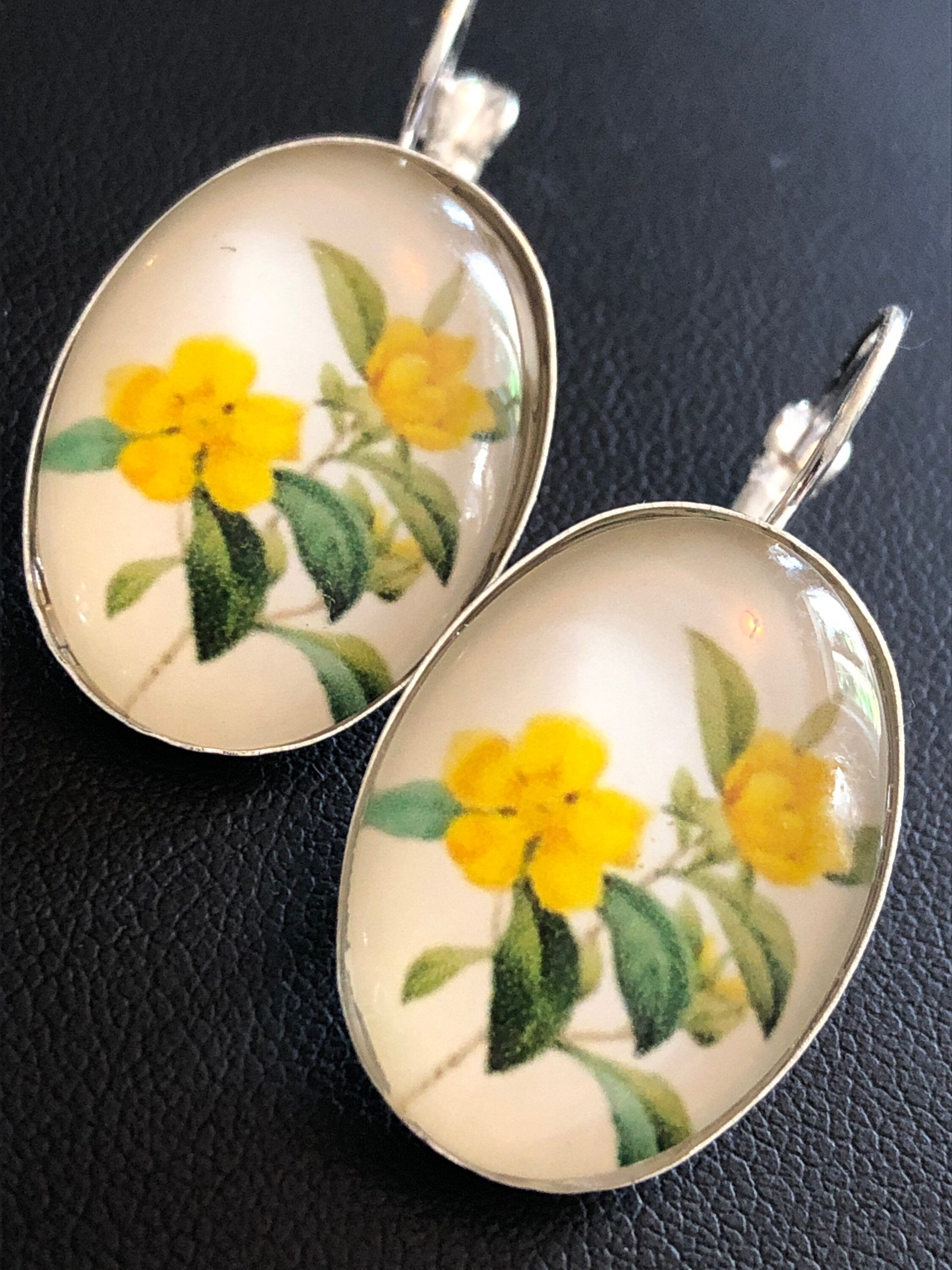 Yellow Spring garden flowers earrings for pierced ears glass oval cabochons