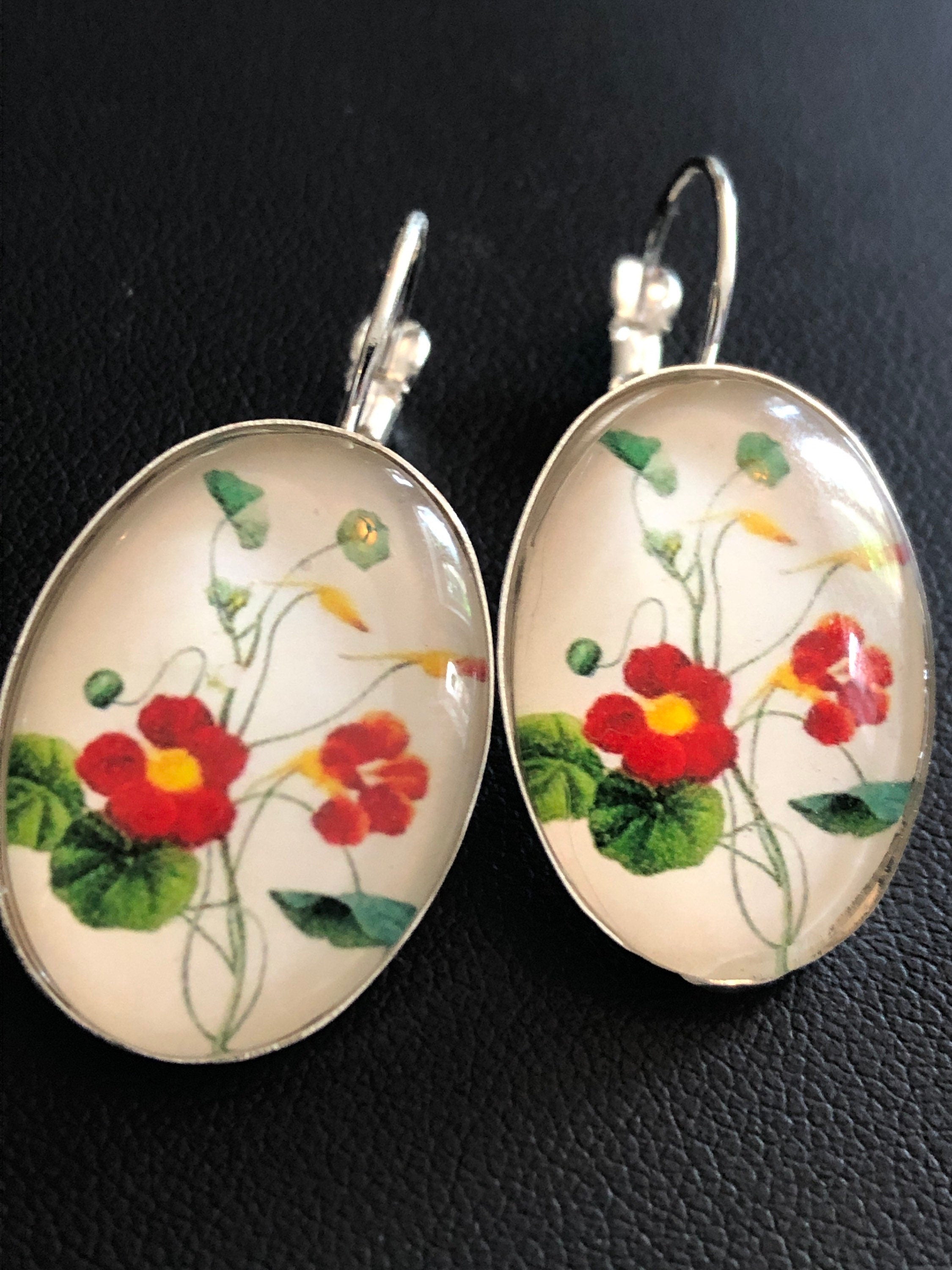 Red Yellow garden flowers oval glass cabochon earrings lever back