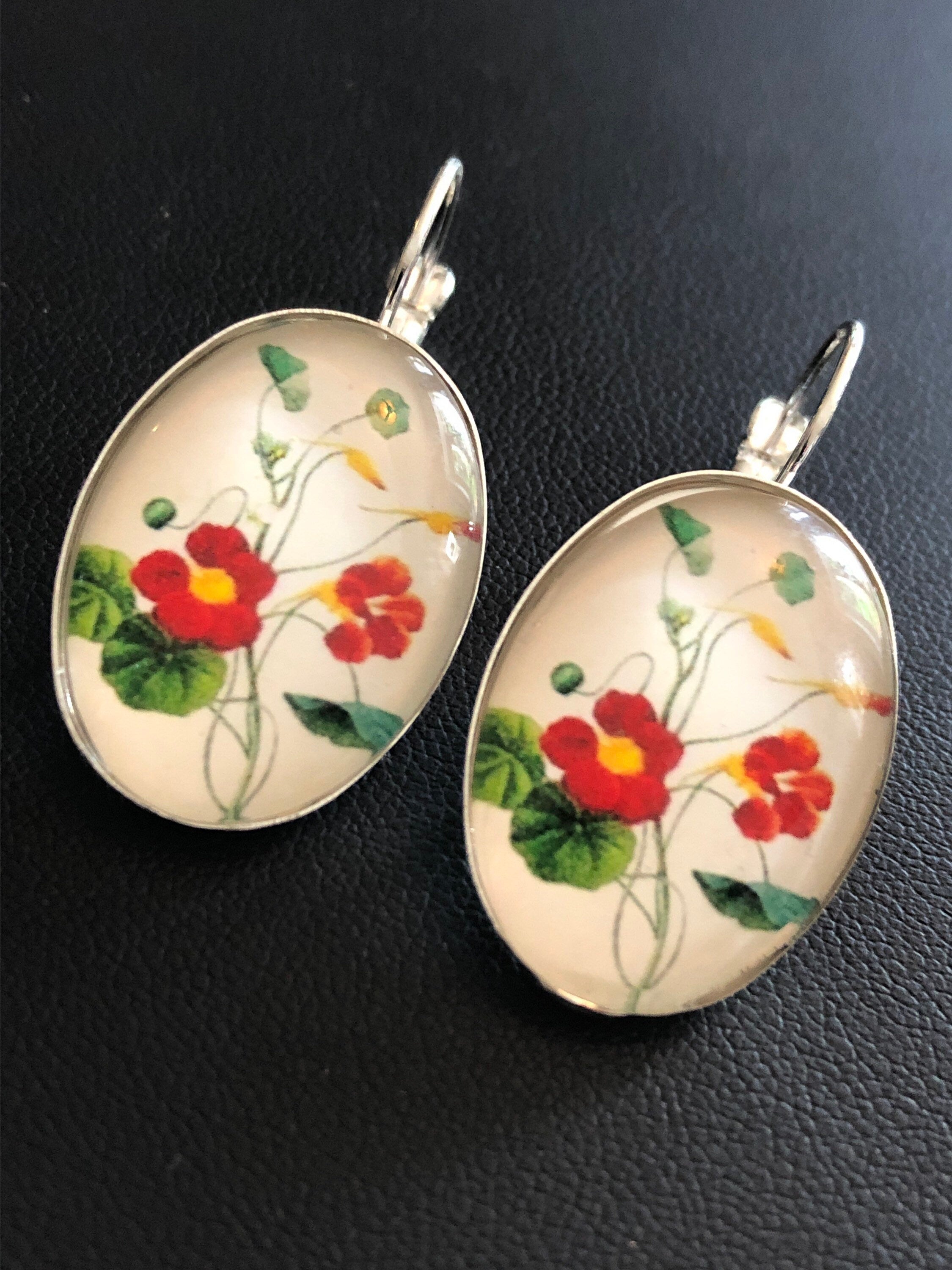 Red Yellow garden flowers oval glass cabochon earrings lever back