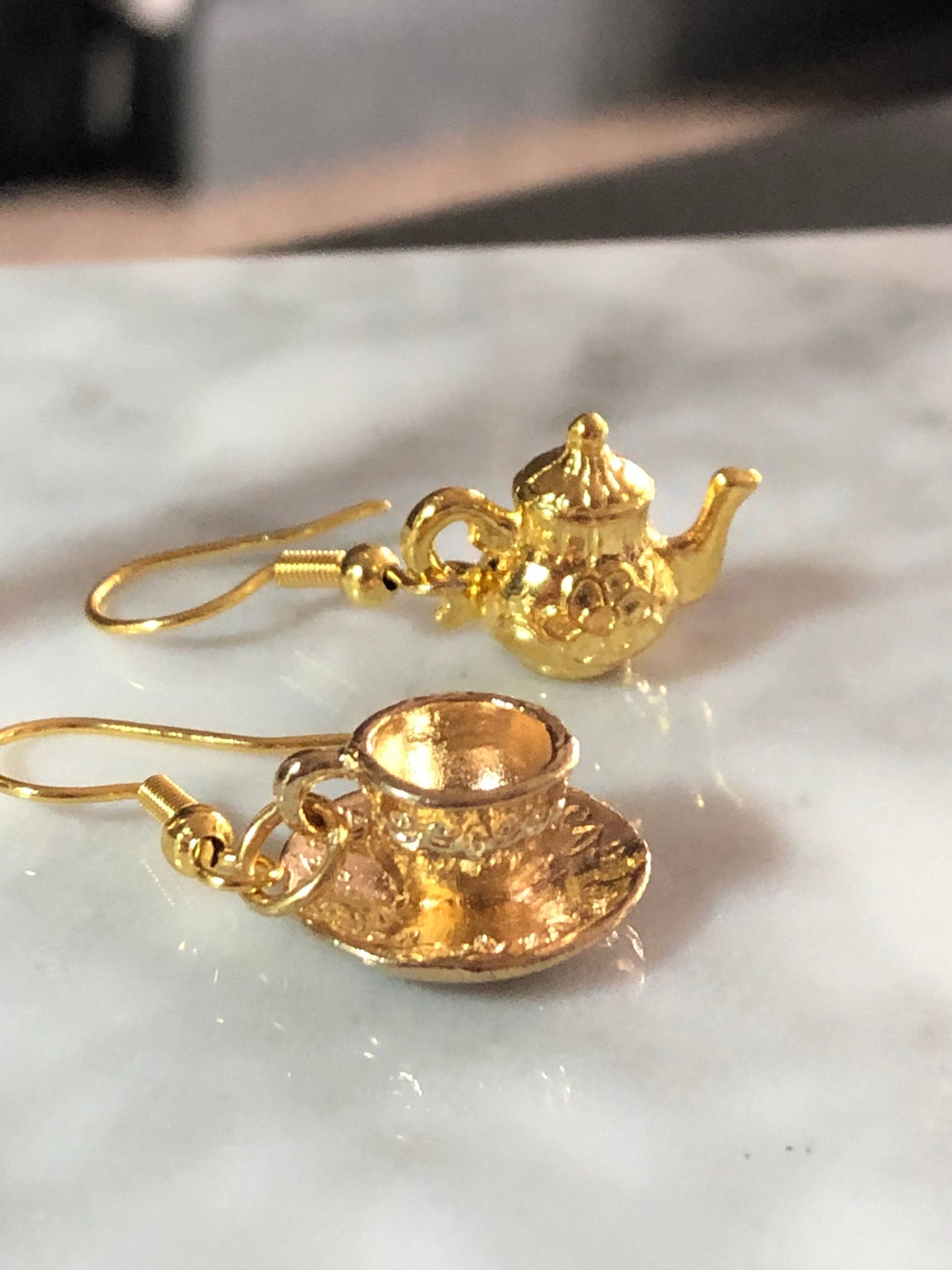 Cup and saucer earrings Vintage tea party gold tone