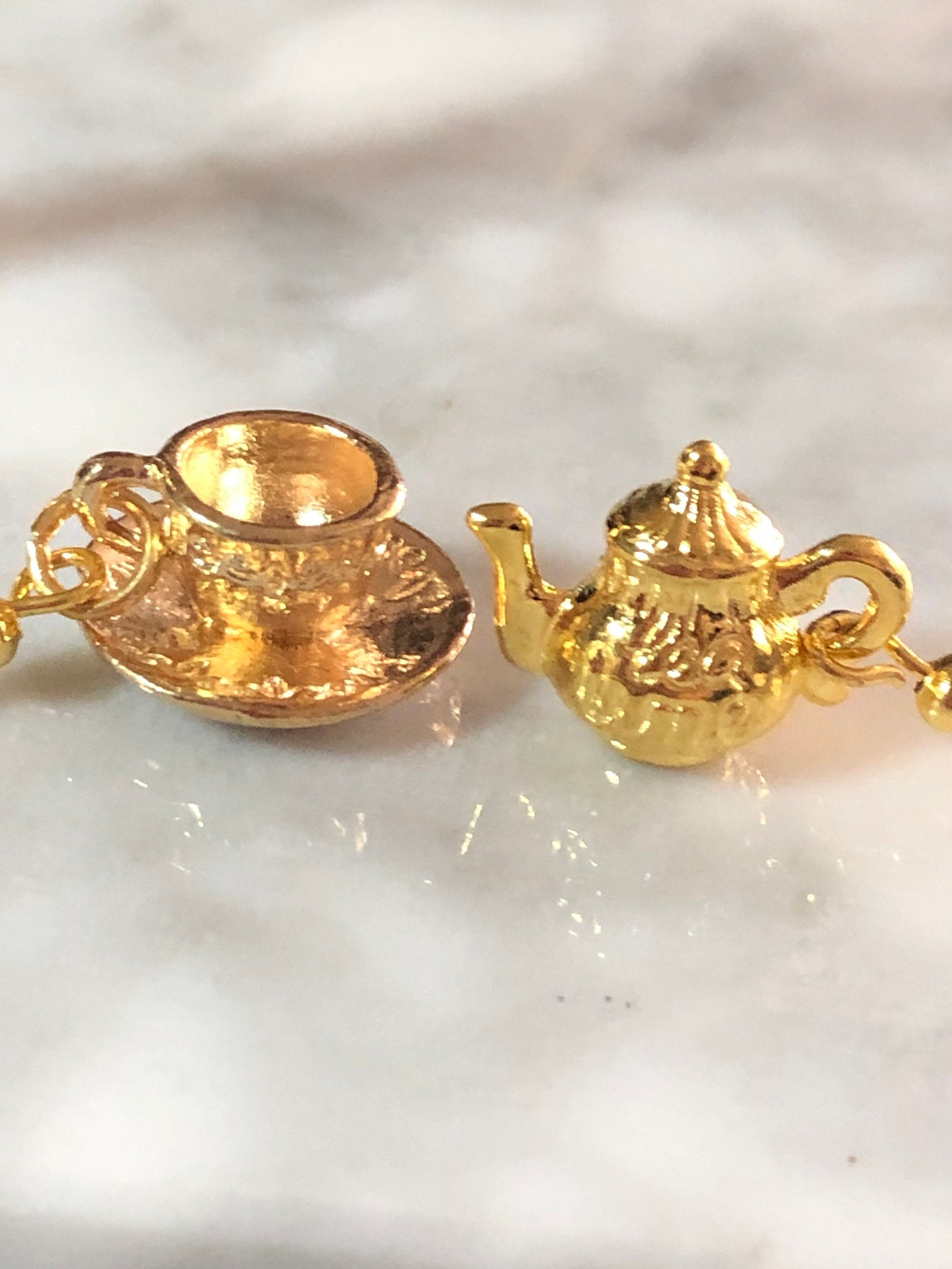 Cup and saucer earrings Vintage tea party gold tone