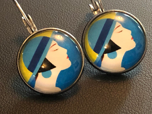 Art Deco lady bright blue yellow drop earrings