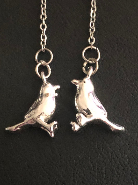 Silver plated bird drop earrings pierced pull through threader