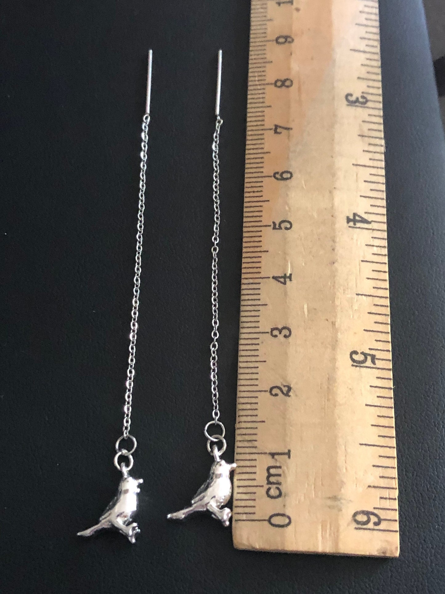 Silver plated bird drop earrings pierced pull through threader