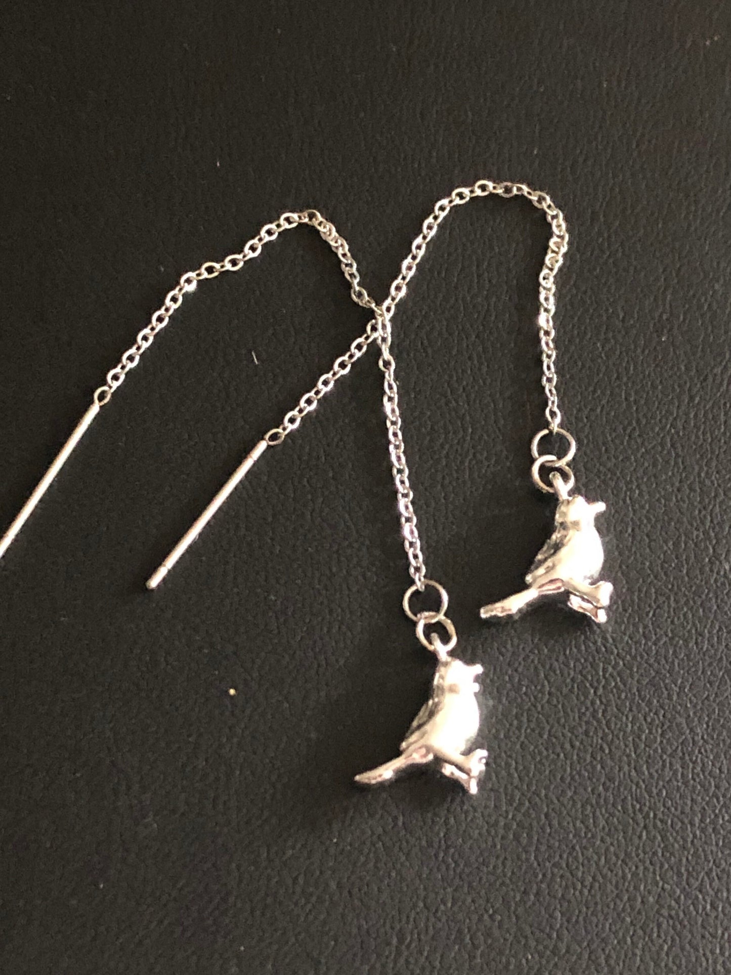 Silver plated bird drop earrings pierced pull through threader