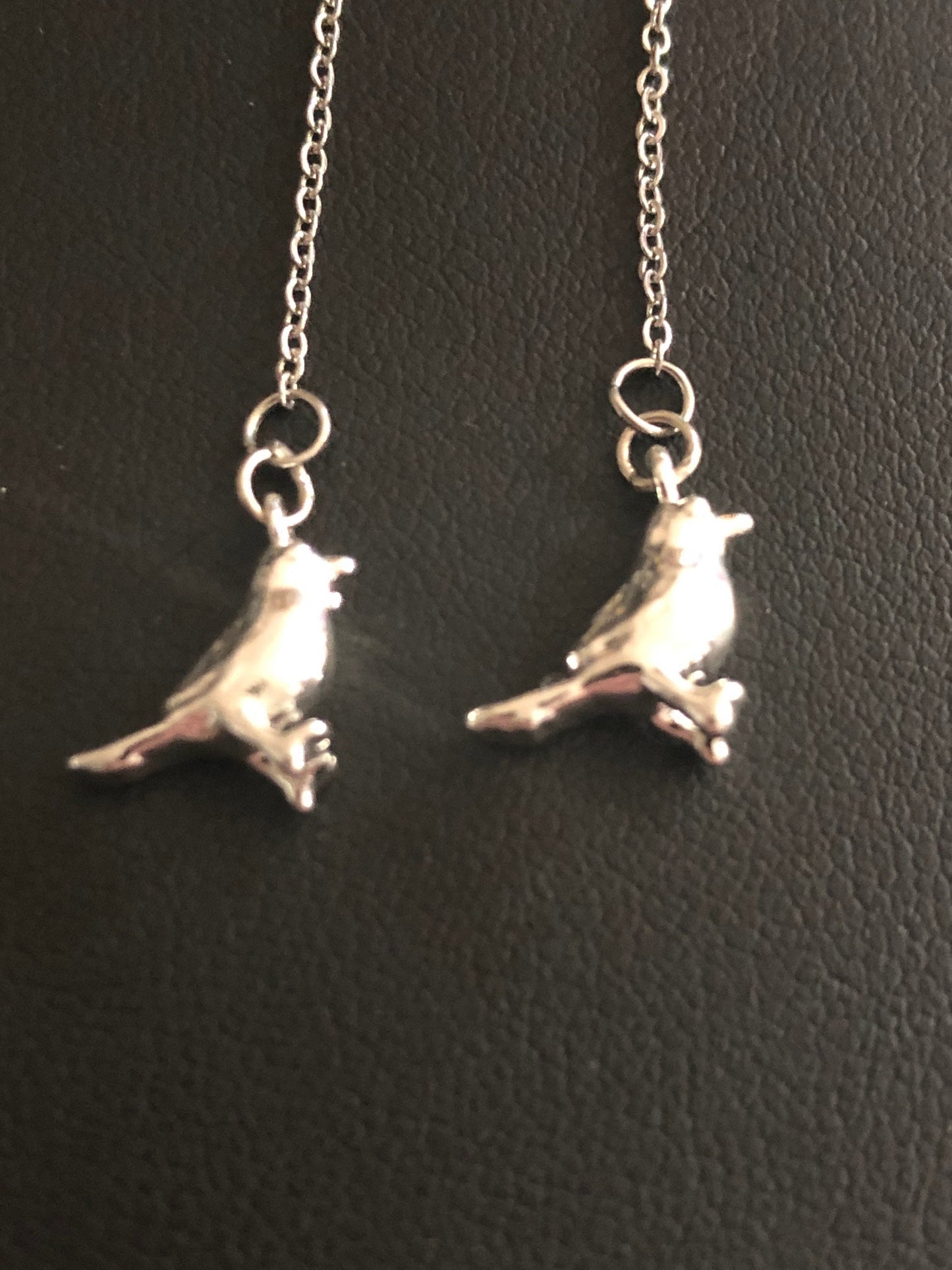 Silver plated bird drop earrings pierced pull through threader