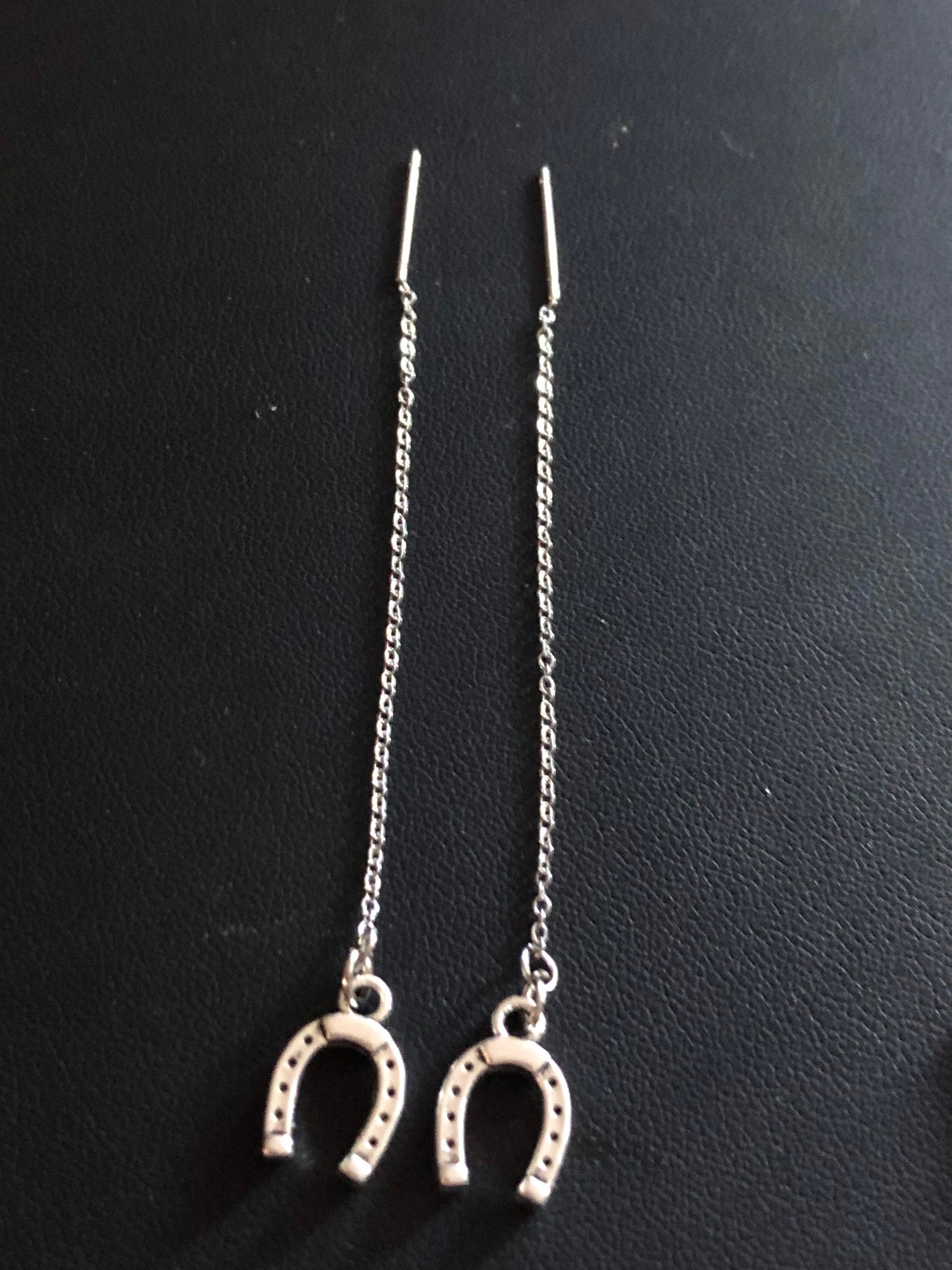 lucky horseshoe threader earrings pierced pull through silver tone