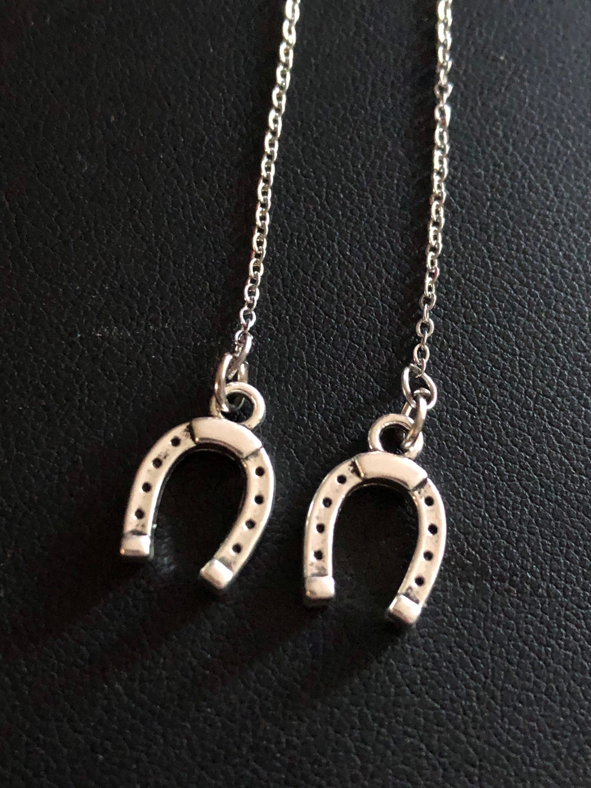 lucky horseshoe threader earrings pierced pull through silver tone