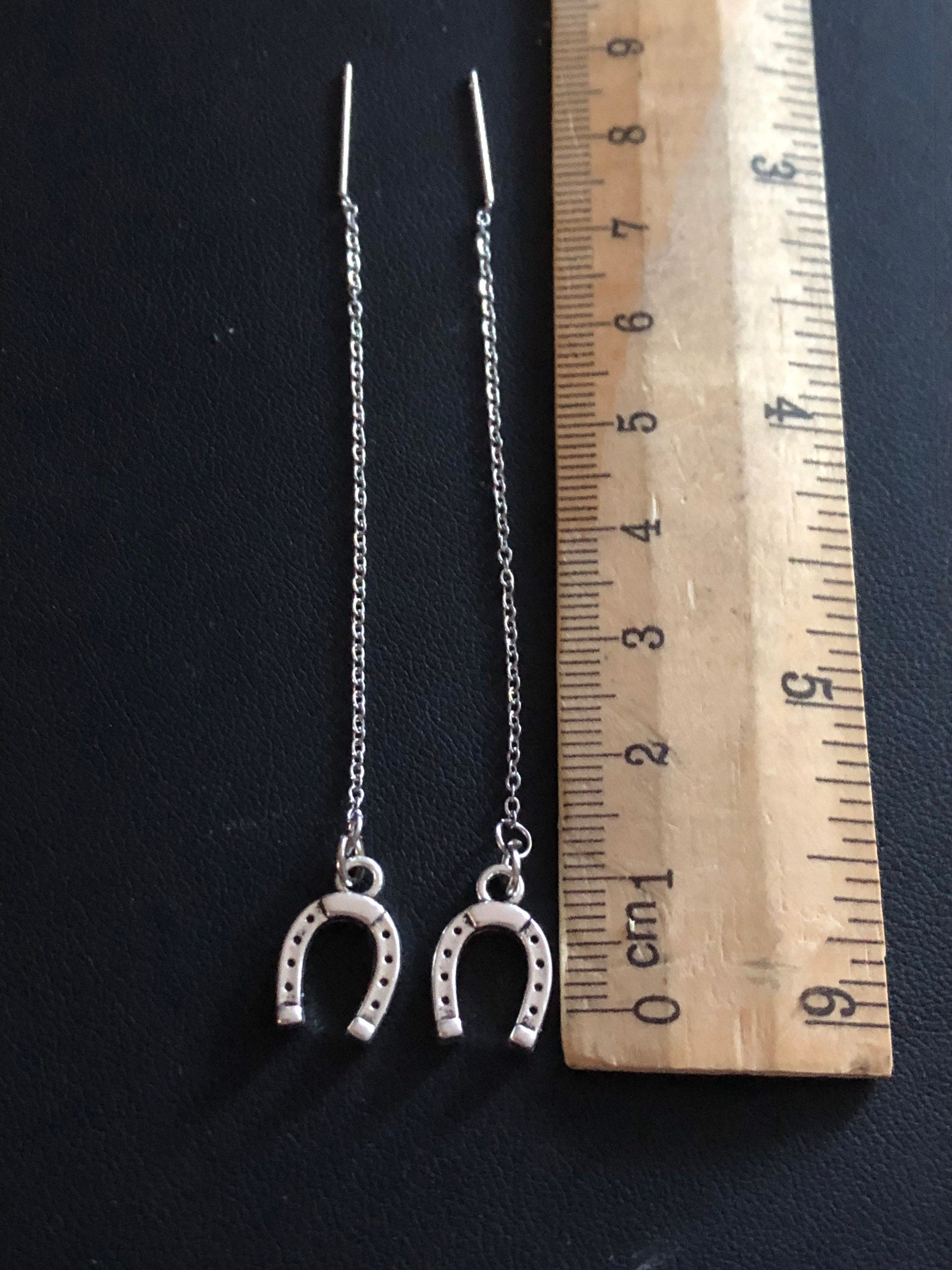 lucky horseshoe threader earrings pierced pull through silver tone