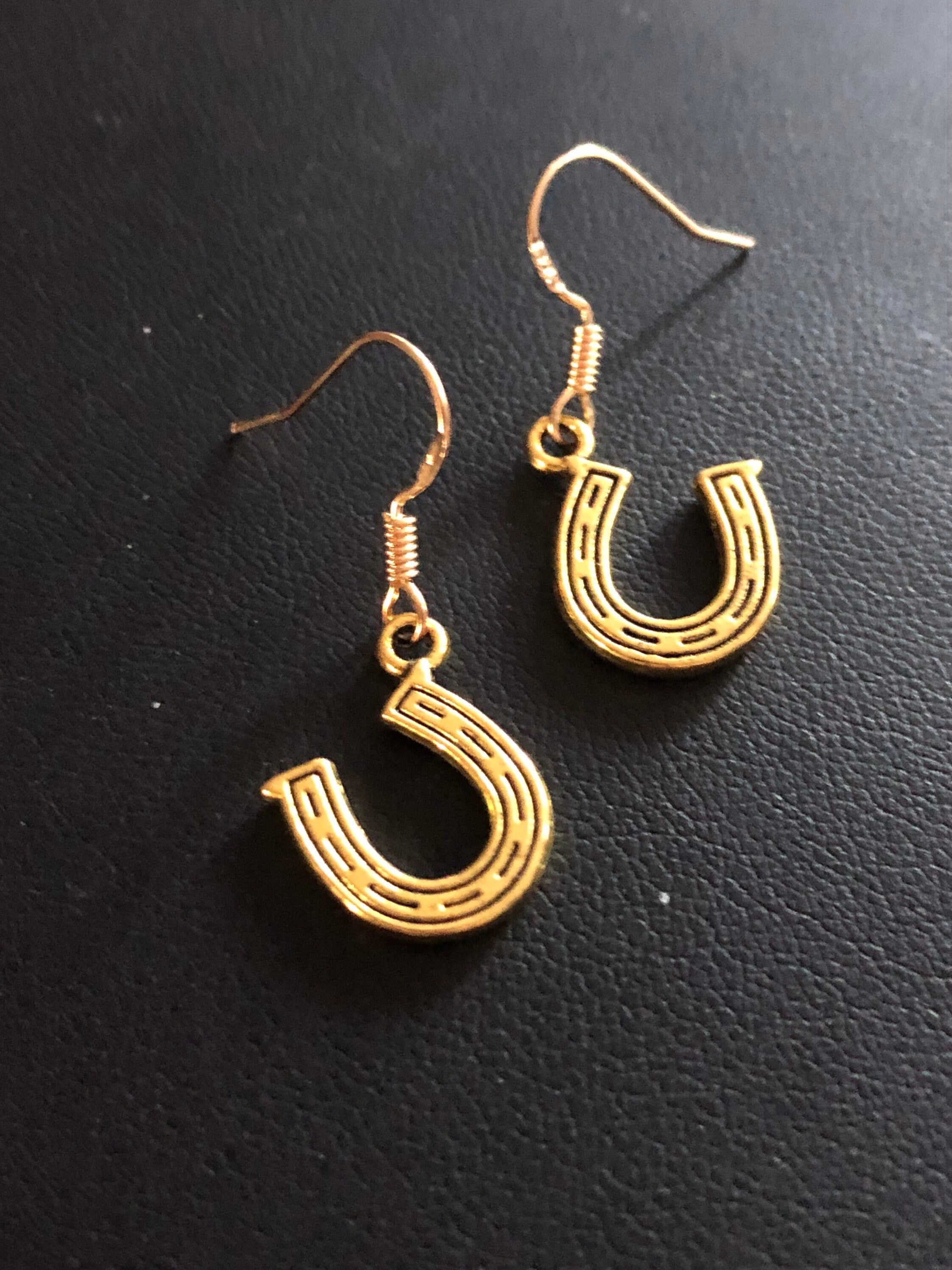 lucky horseshoe drop earrings pierced earrings antique gold colour good luck earrings