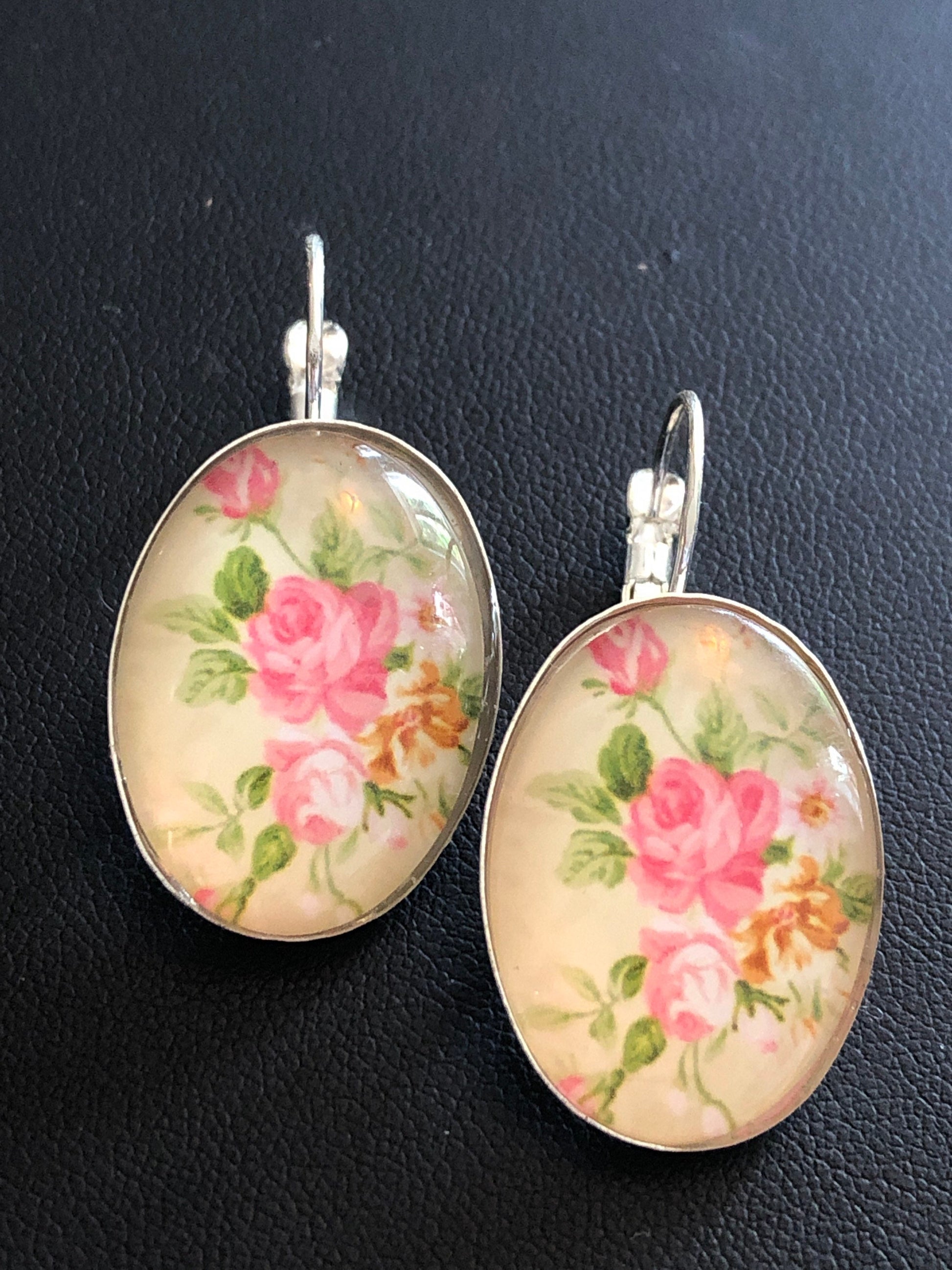 Pink roses Spring garden flowers oval glass cabochon floral earrings
