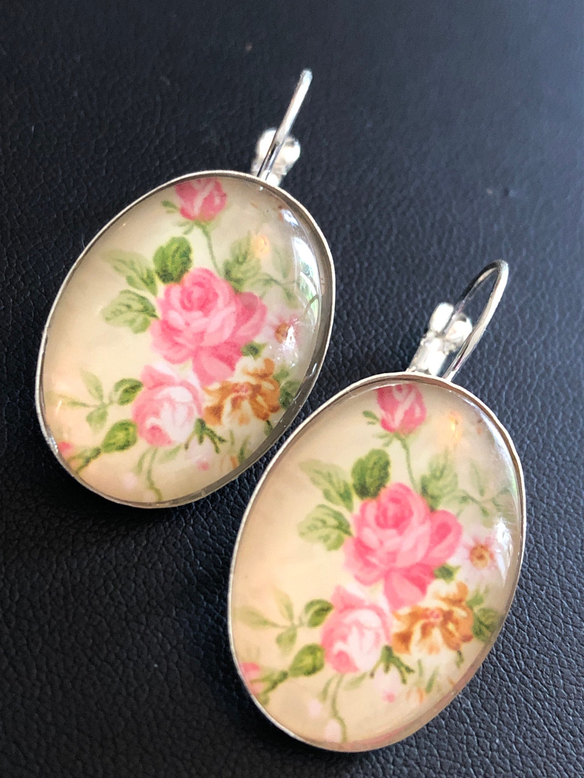 Pink roses Spring garden flowers oval glass cabochon floral earrings