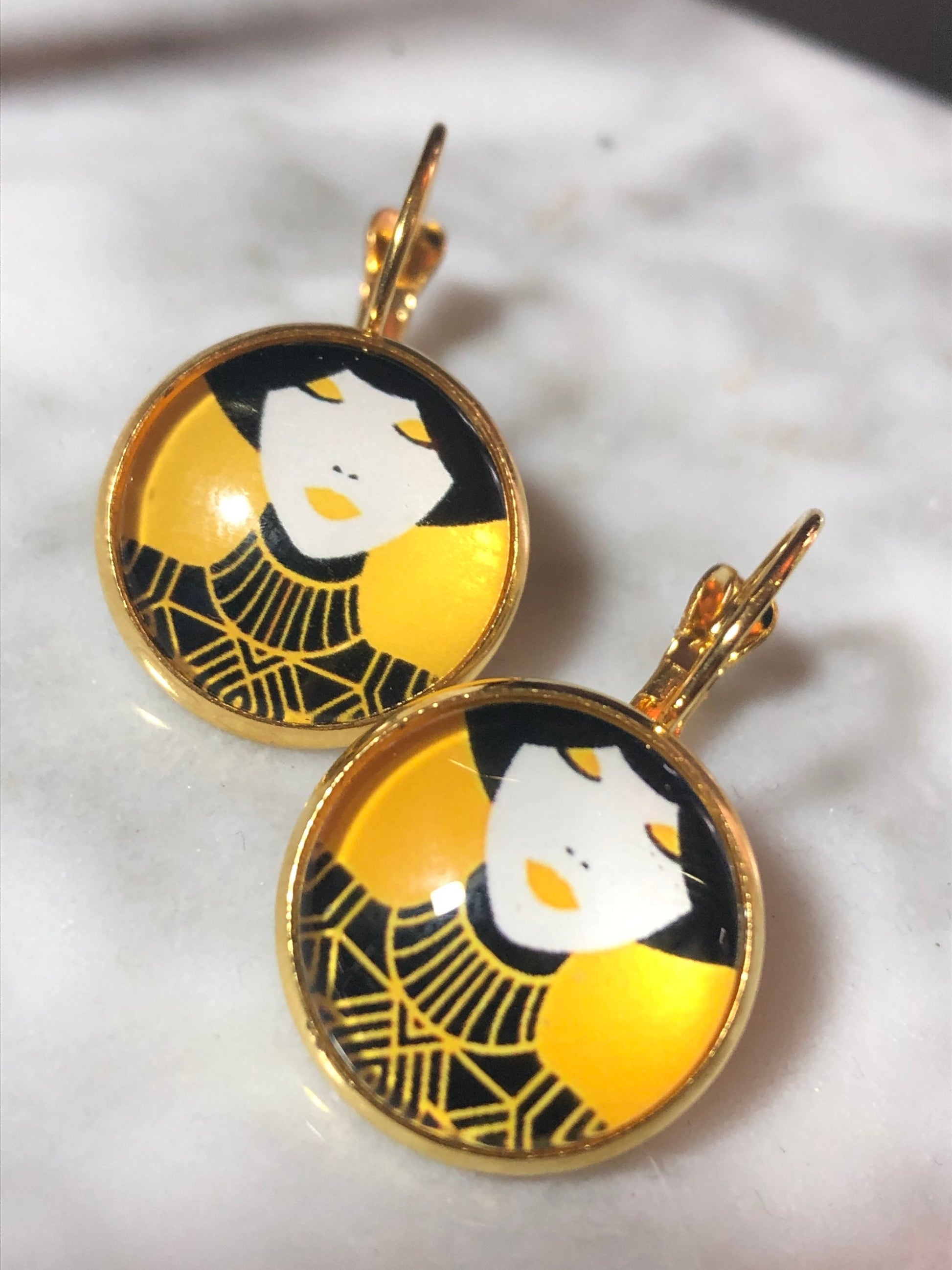 Oriental lady bright yellow drop earrings glass cabochon