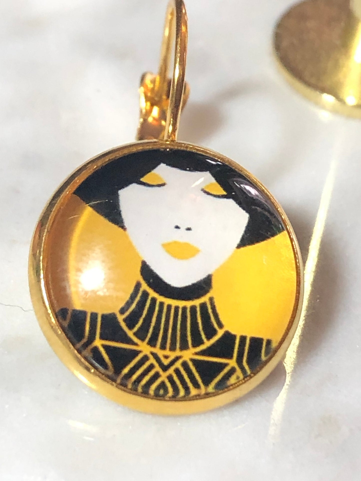 Oriental lady bright yellow drop earrings glass cabochon