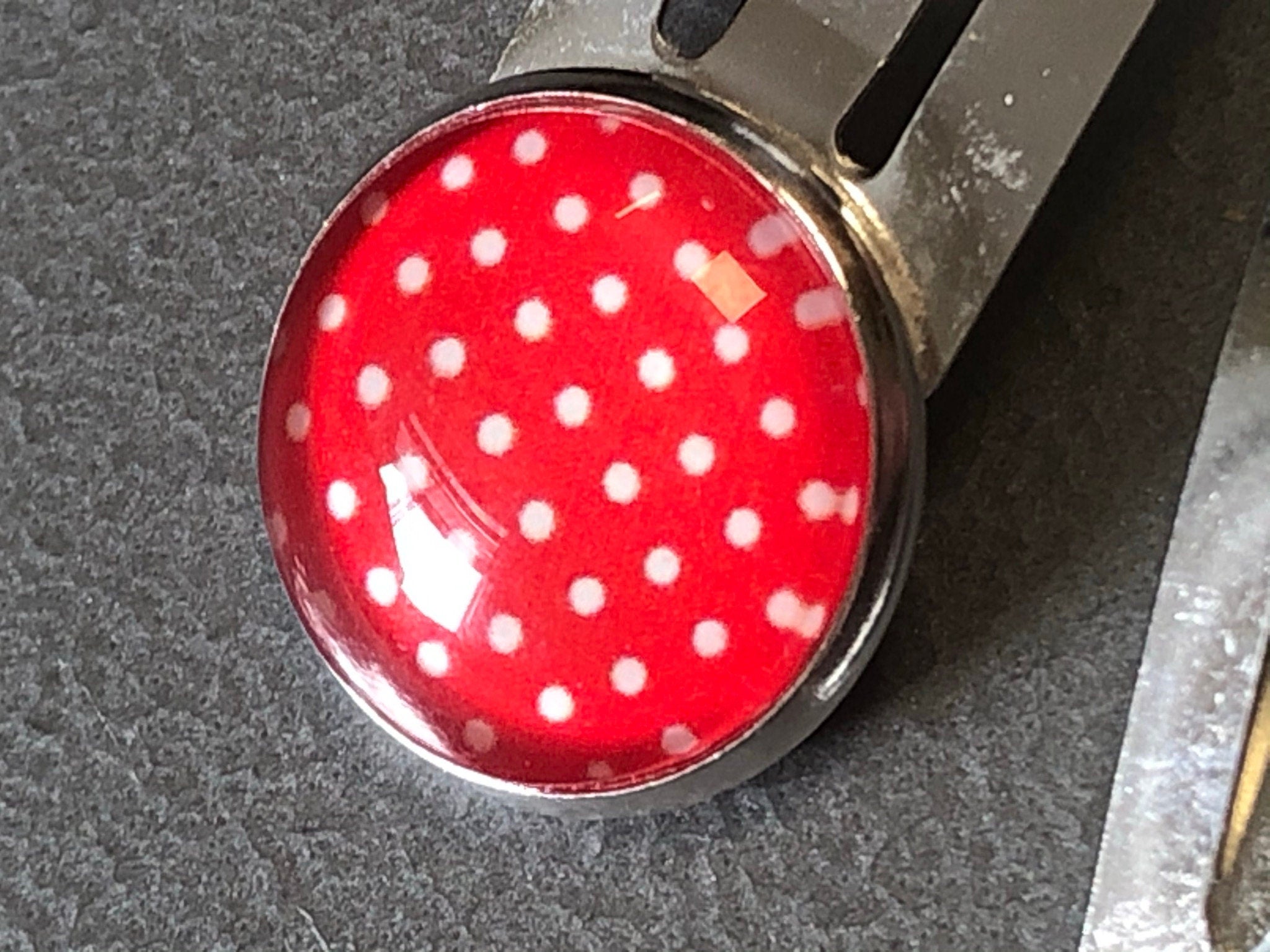 pair of red & white polka dot hair clips silver tone snap lock closure