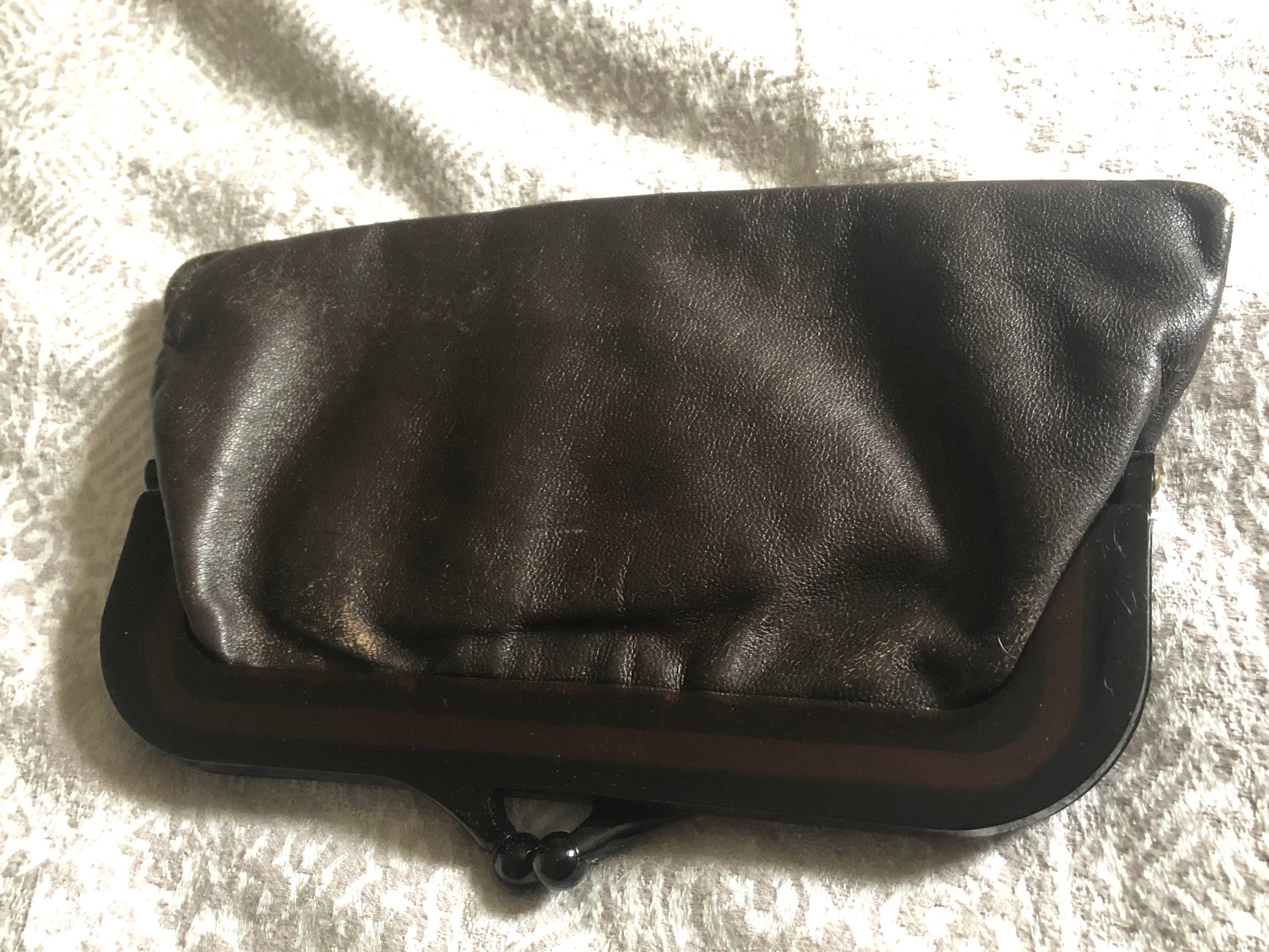 dark brown leather clutch bag purse handbag celluloid acrylic handles Vintage 1970s