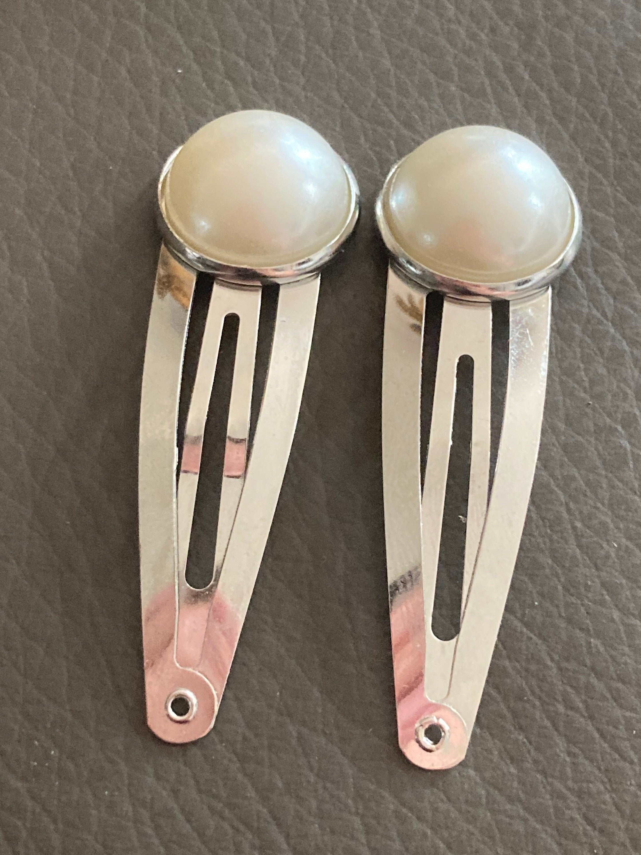 warm white ivory cream faux Pearl hair clips silver tone snap lock