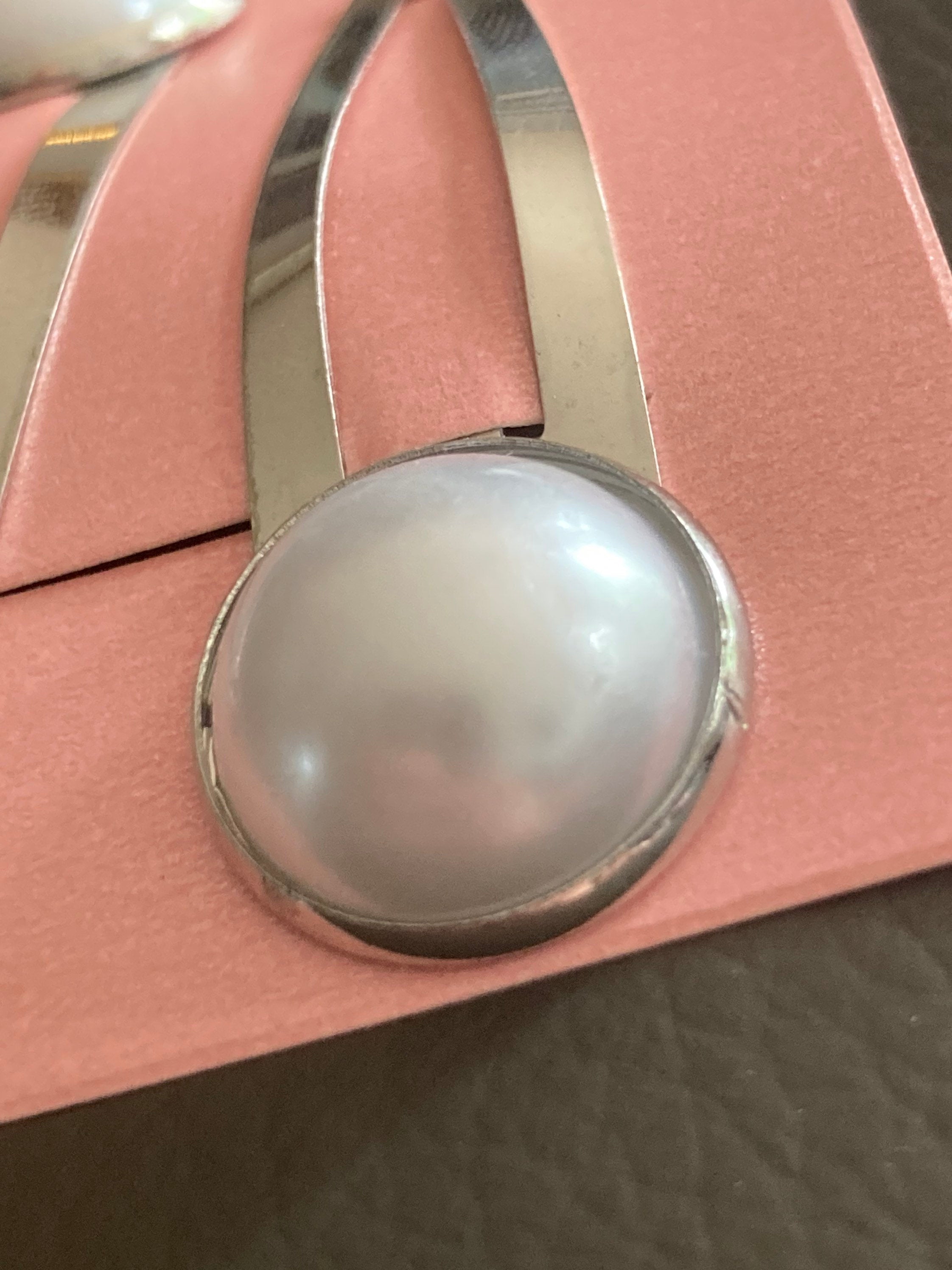 white faux Pearl hair clips silver tone snap lock