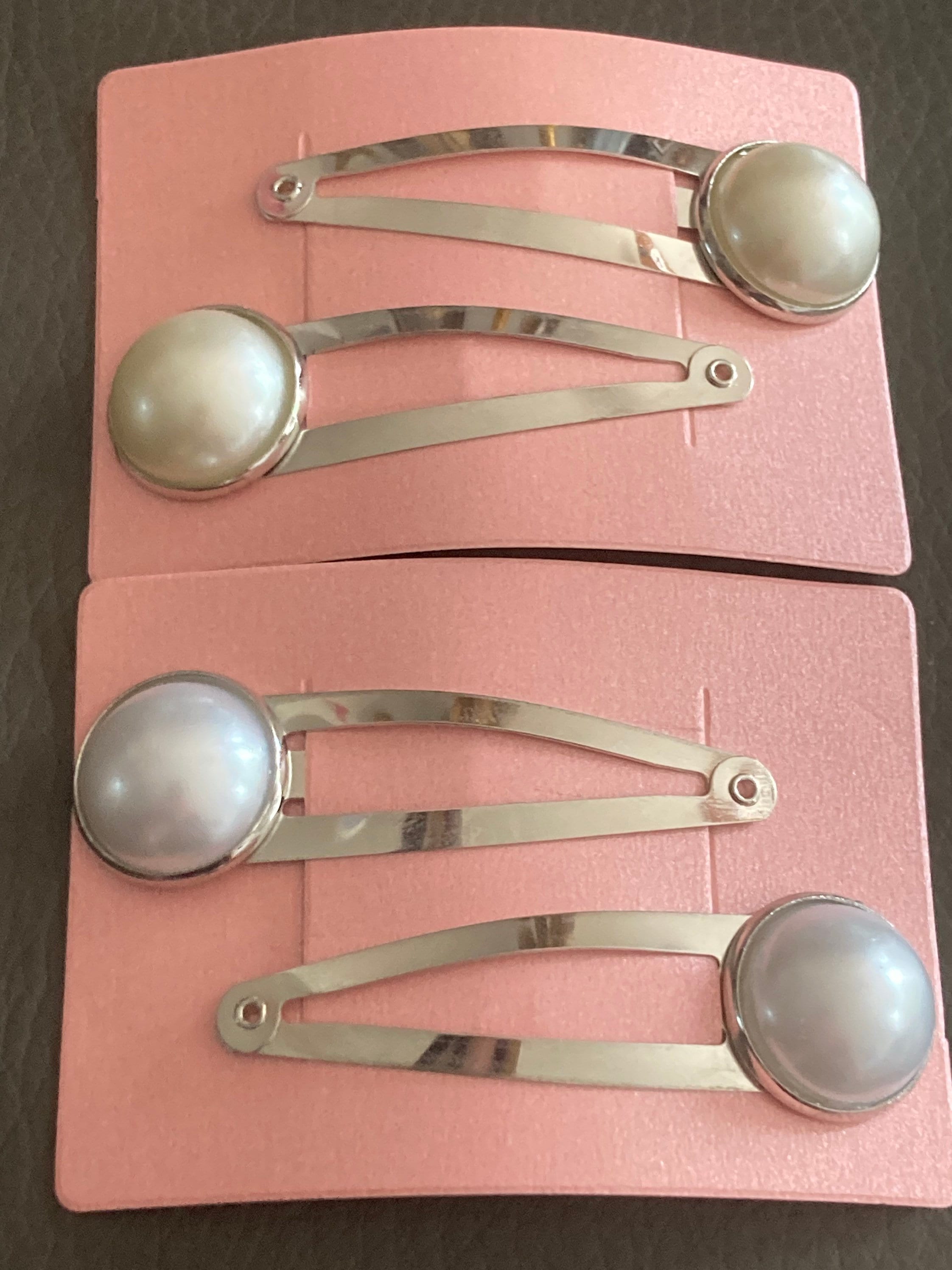 white faux Pearl hair clips silver tone snap lock