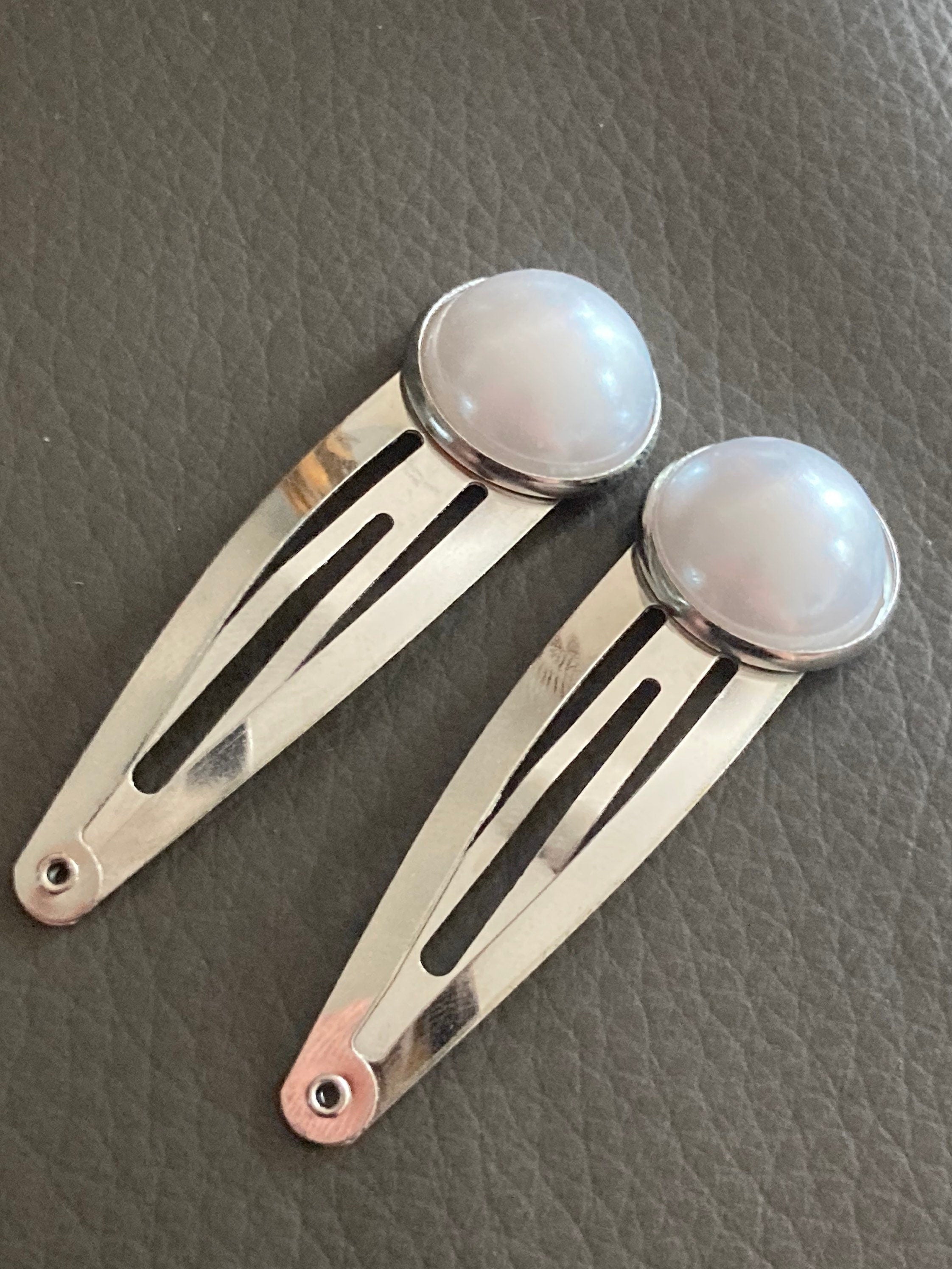 white faux Pearl hair clips silver tone snap lock