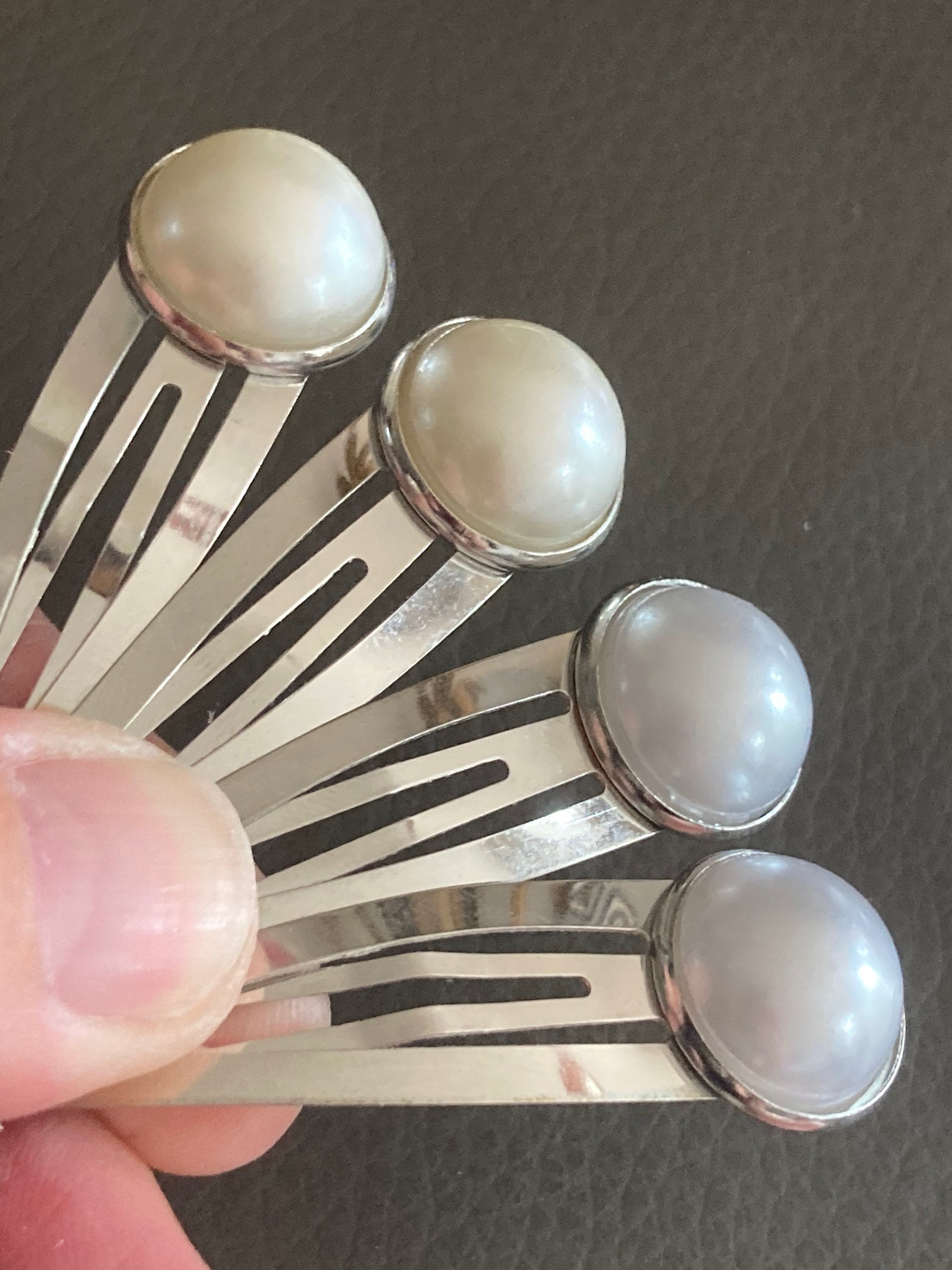 white faux Pearl hair clips silver tone snap lock