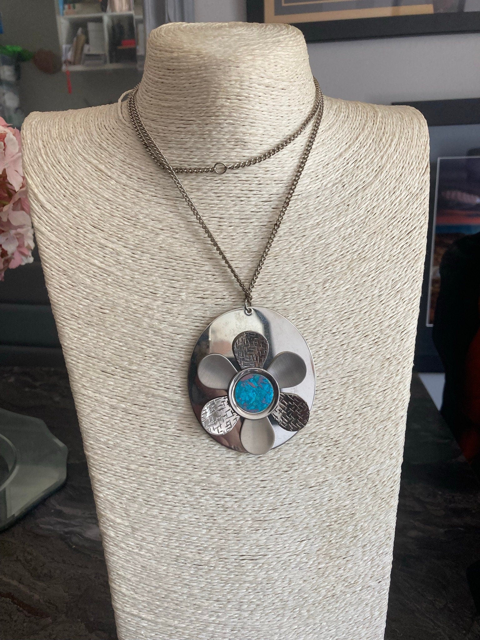 Huge modernist silver tone metal necklace with silver and blue stainless steel floral medallion pendant  BOHO hippie festival necklace