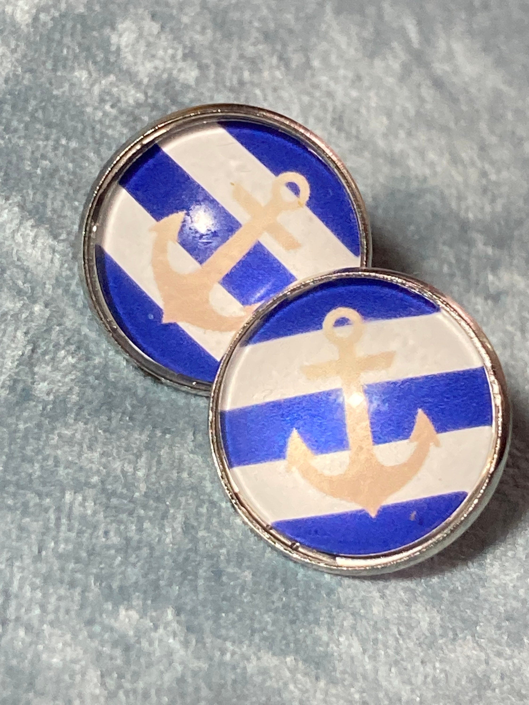 Nautical anchor pierced round silver stud earrings stainless steel with 16mm glass cabochons