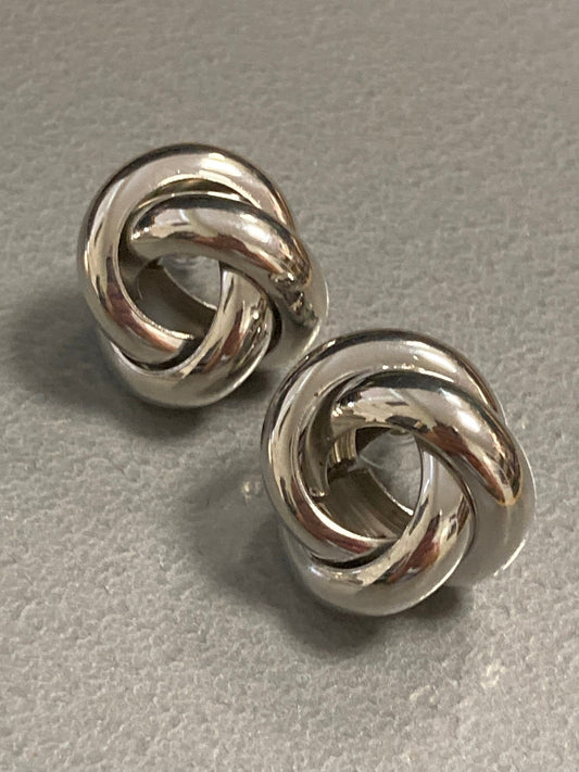 Large 2.5cm wide silver tone big tube knot stud earrings pierced