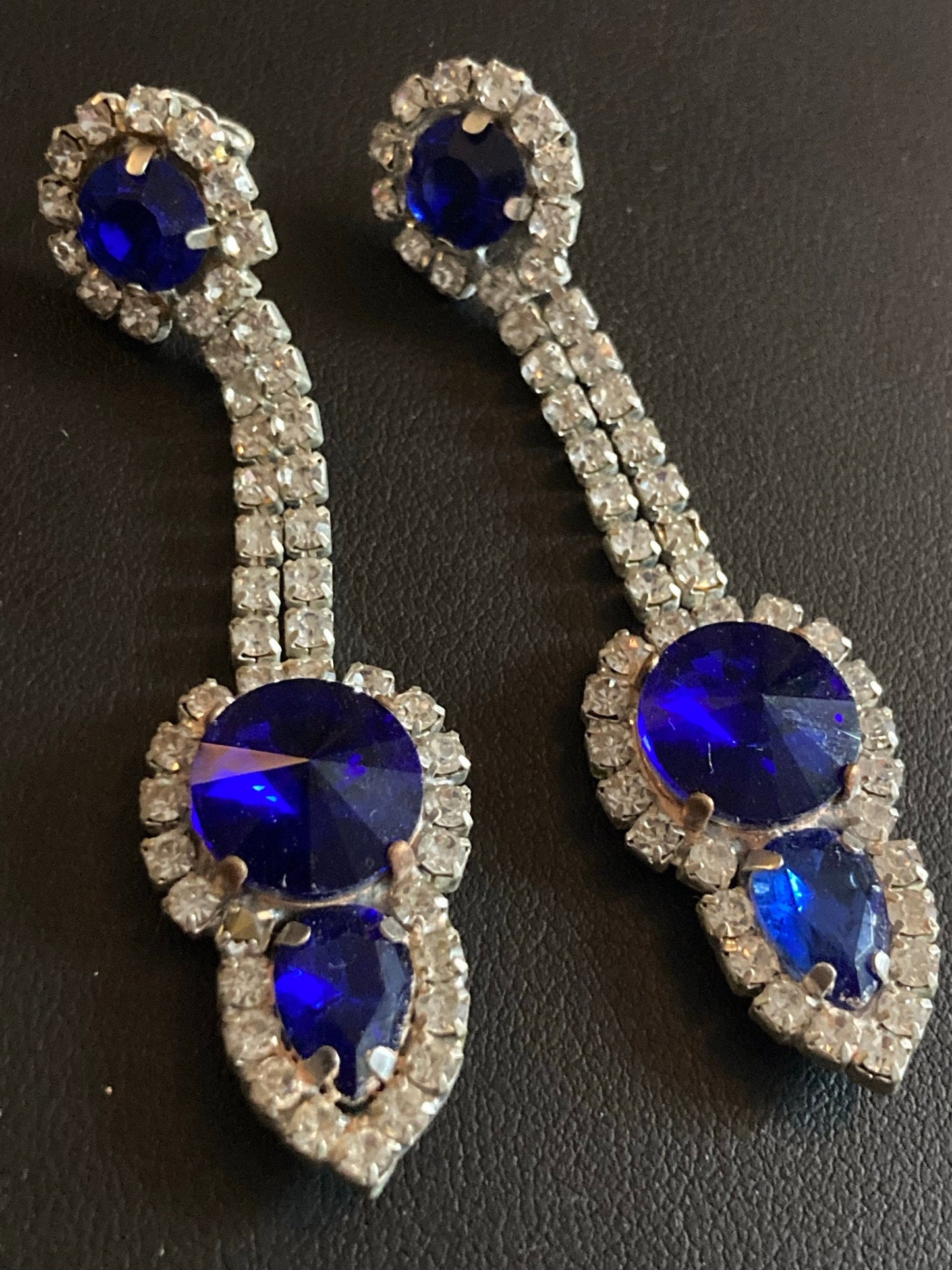 Vintage Czech Rhinestone Long Sapphire blue Diamante Drop Earrings