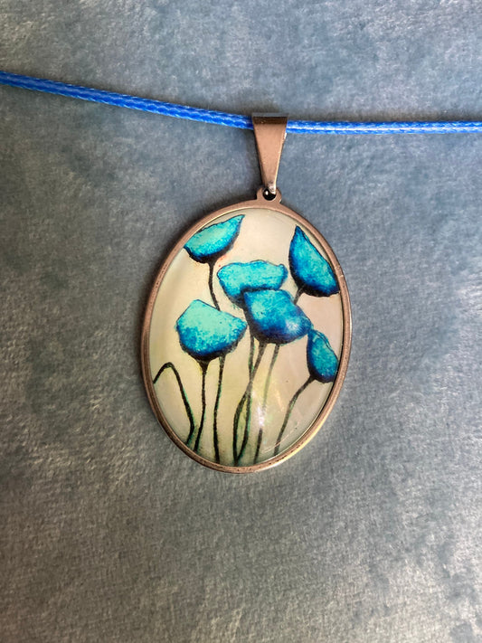 Blue floral glass garden flowers large oval stainless steel pendant necklace