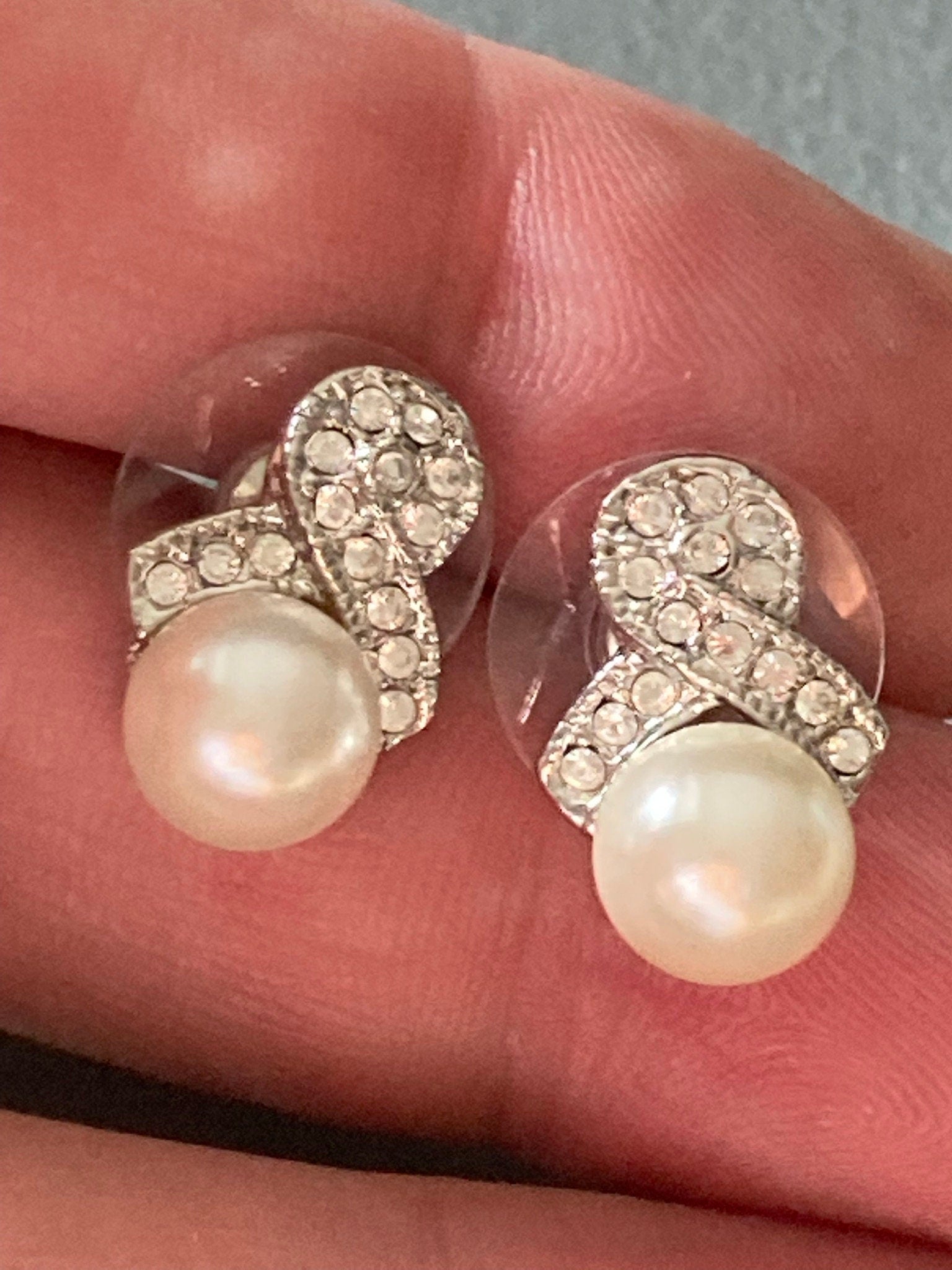 Vintage silver tone faux pearl and diamanté small drop stud earrings