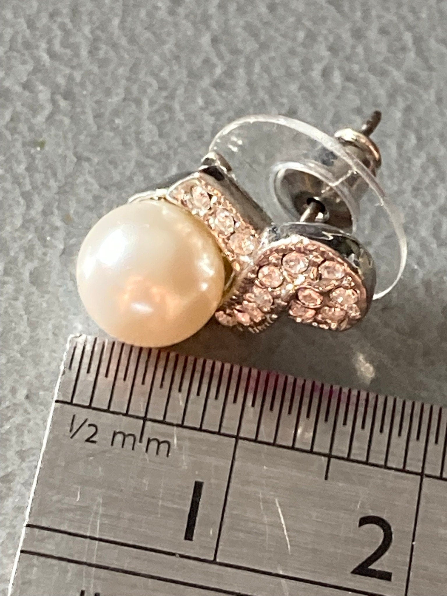 Vintage silver tone faux pearl and diamanté small drop stud earrings