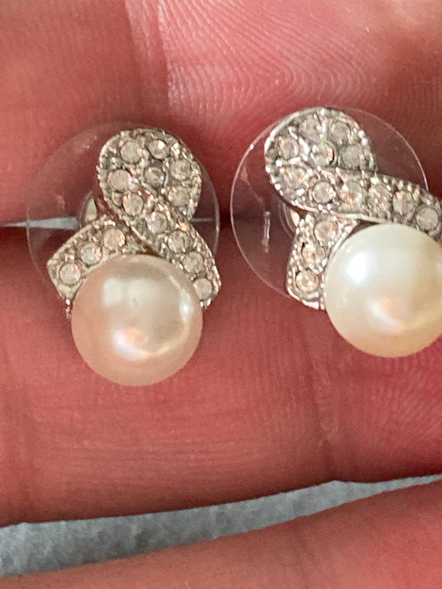 Vintage silver tone faux pearl and diamanté small drop stud earrings