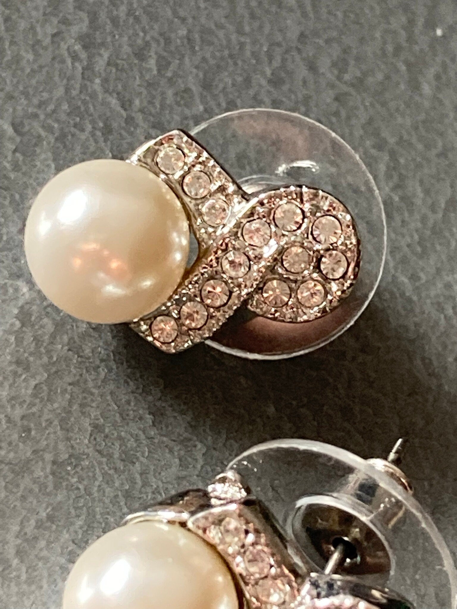 Vintage silver tone faux pearl and diamanté small drop stud earrings