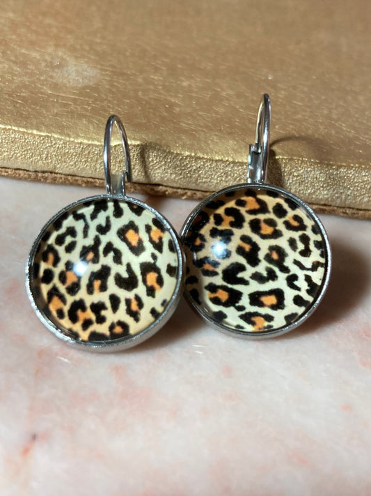 Brown leopard Animal print pierced round silver glass drop earrings 16mm