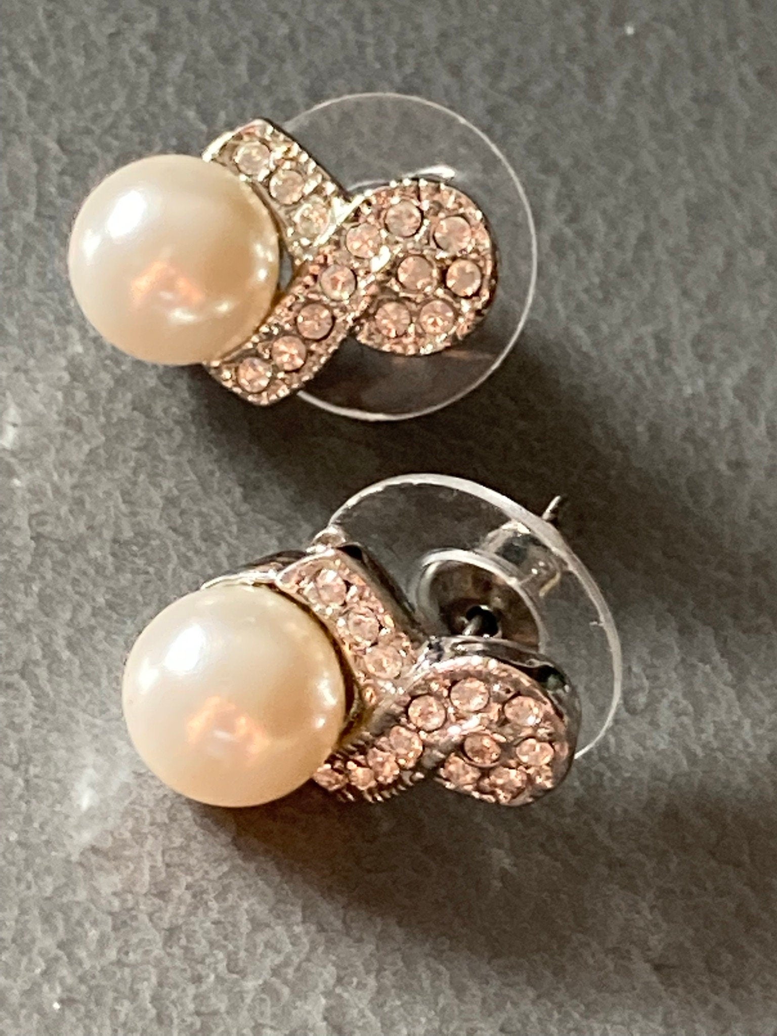 Vintage silver tone faux pearl and diamanté small drop stud earrings