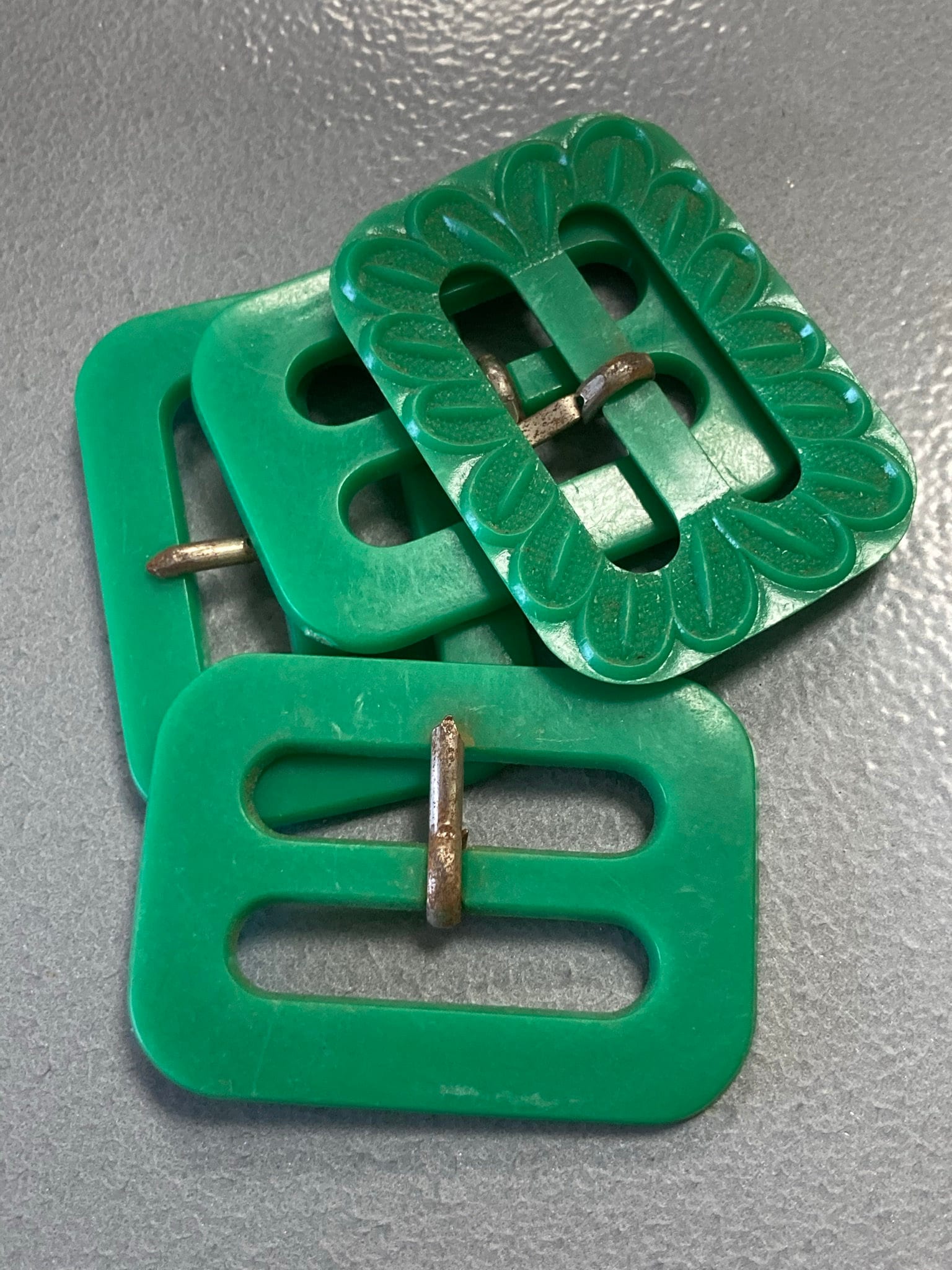 Vintage Early plastic celluloid Belt Buckles bright apple green 4.5cm x 3.5cm