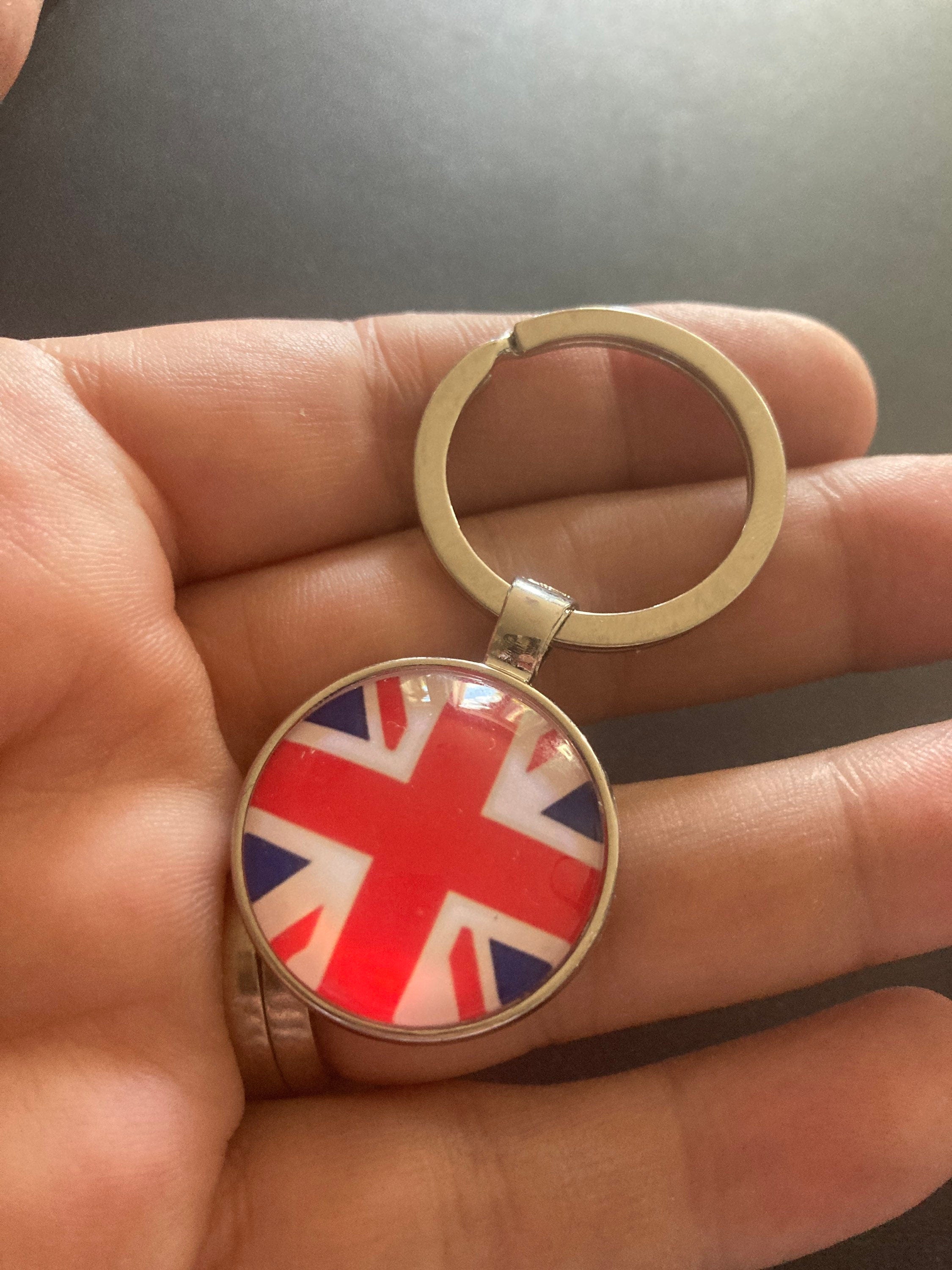 Union Jack keyring with 25mm glass cabochon British UK silver tone