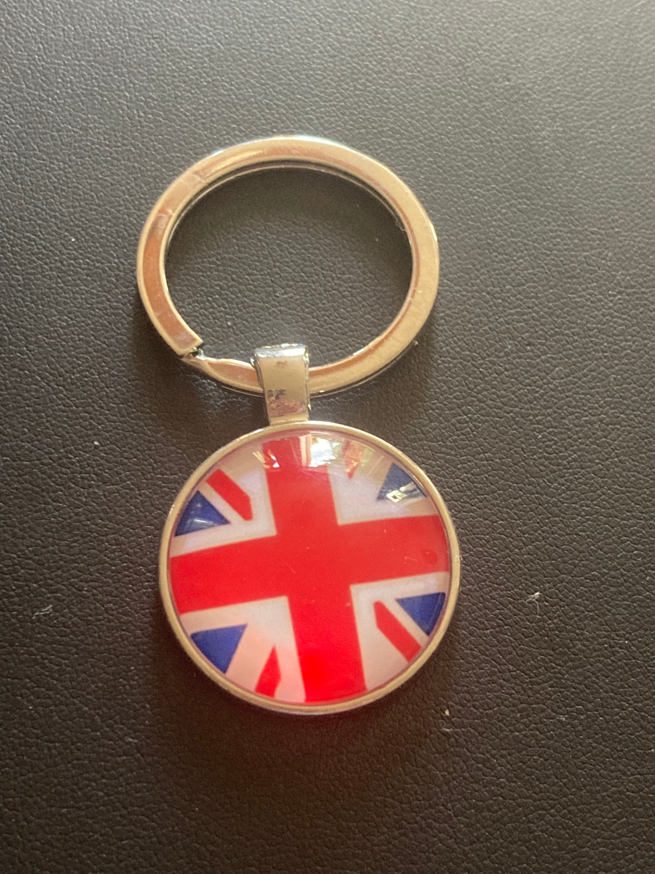 Union Jack keyring with 25mm glass cabochon British UK silver tone