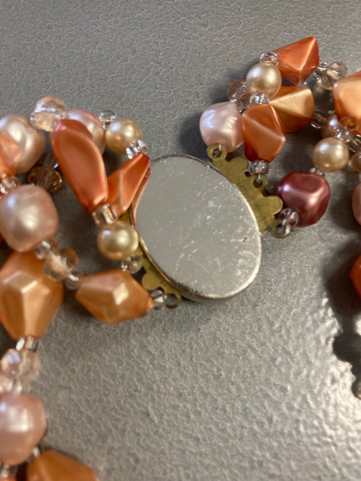 Vintage Retro 1960s 3 triple strand row dusky dark pink orange pearl beaded wide choker waterfall necklace