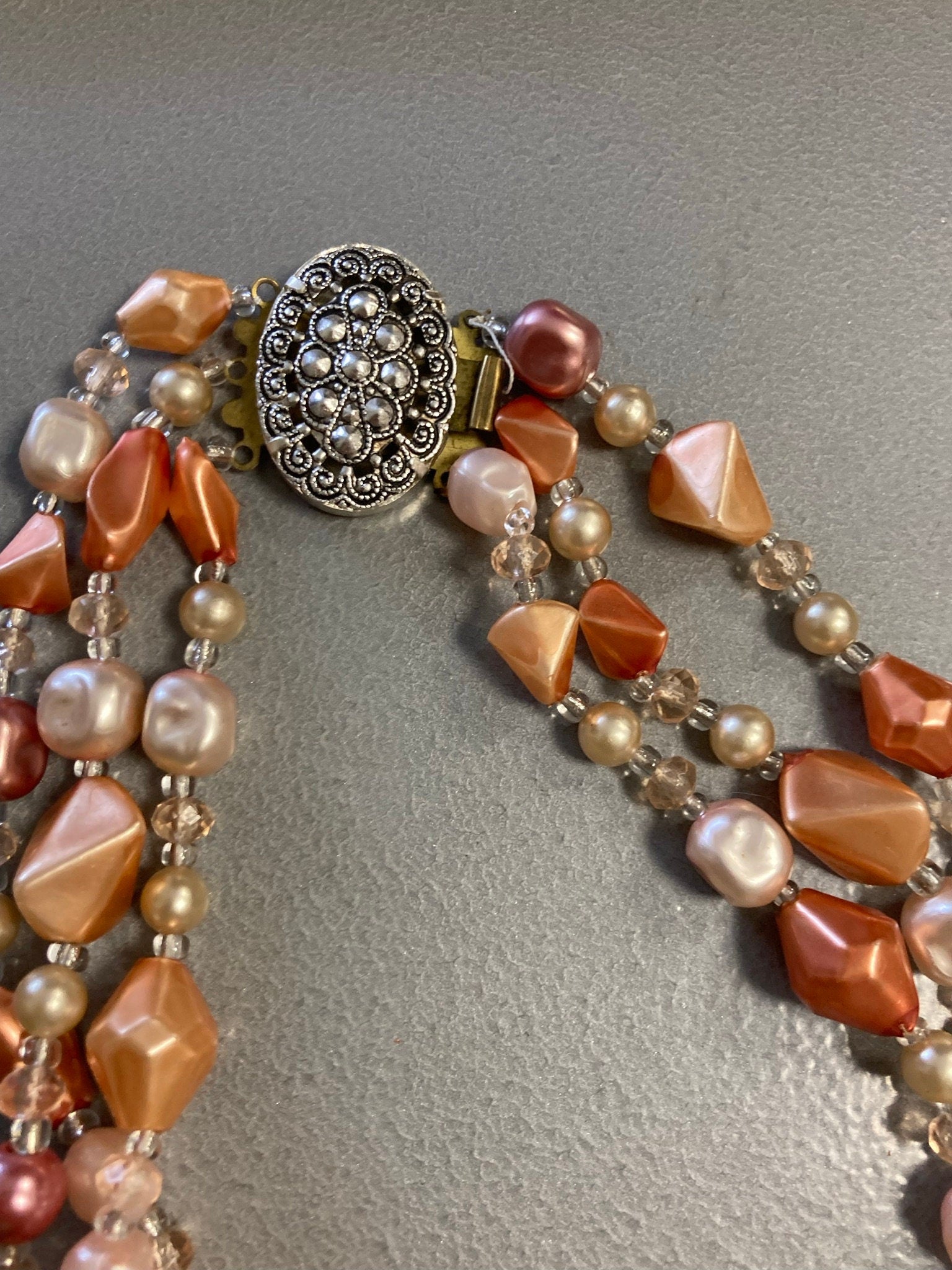 Vintage Retro 1960s 3 triple strand row dusky dark pink orange pearl beaded wide choker waterfall necklace