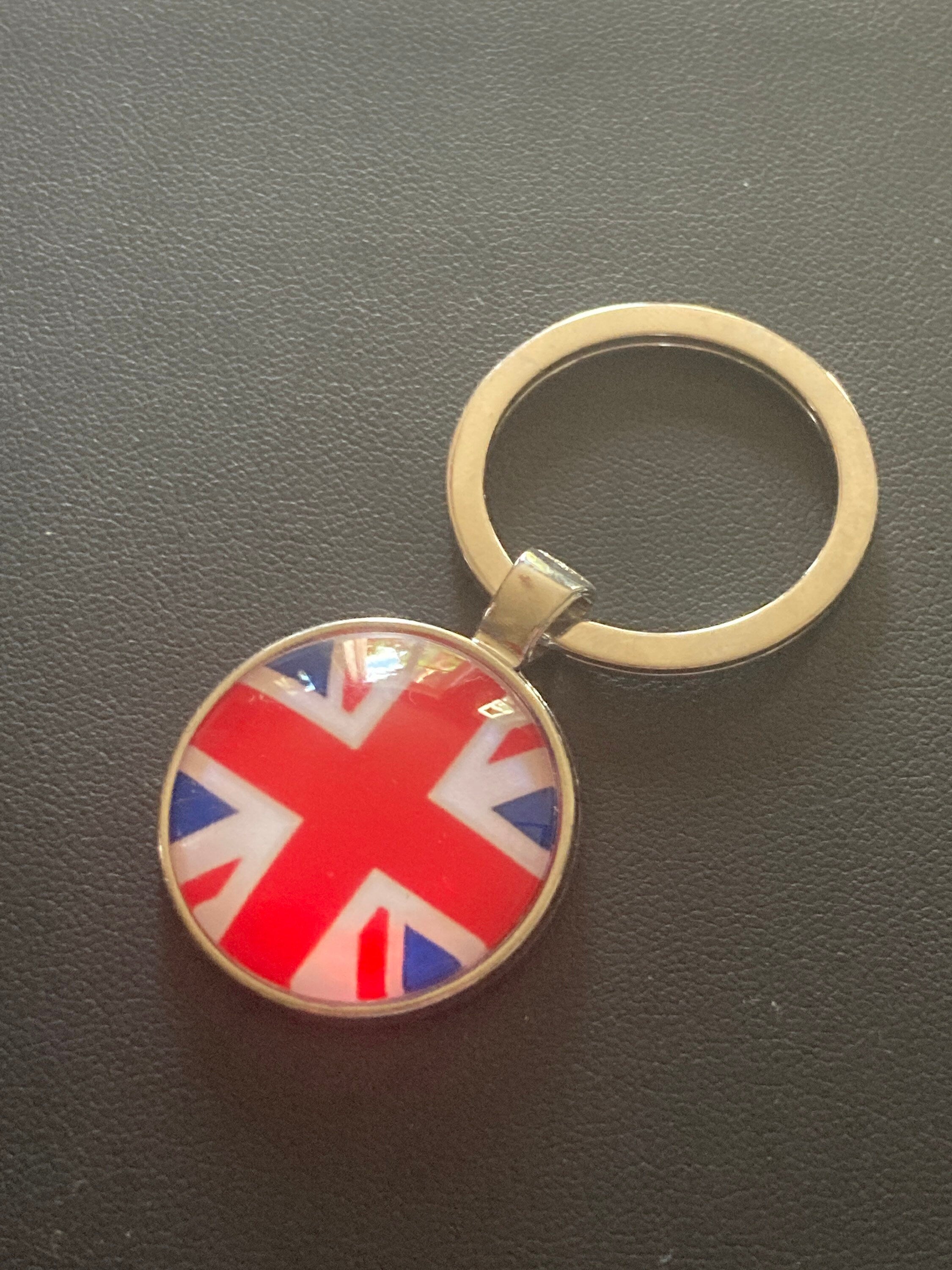 Union Jack keyring with 25mm glass cabochon British UK silver tone