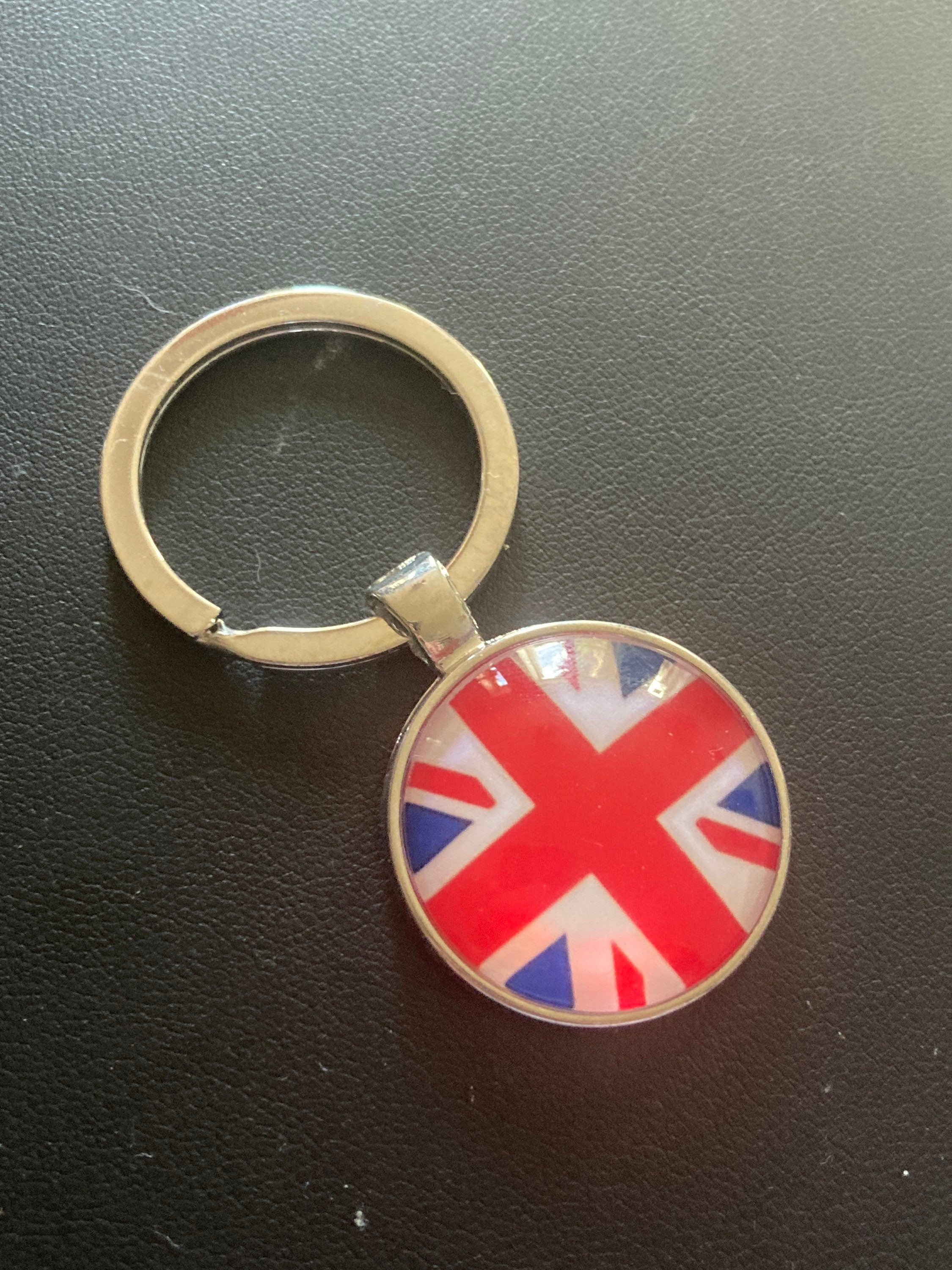 Union Jack keyring with 25mm glass cabochon British UK silver tone