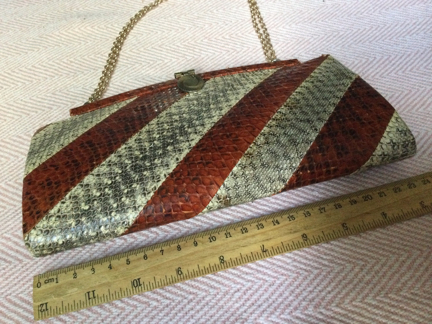 Vintage true Art Deco oxblood red faux snakeskin striped Evening Bag Purse