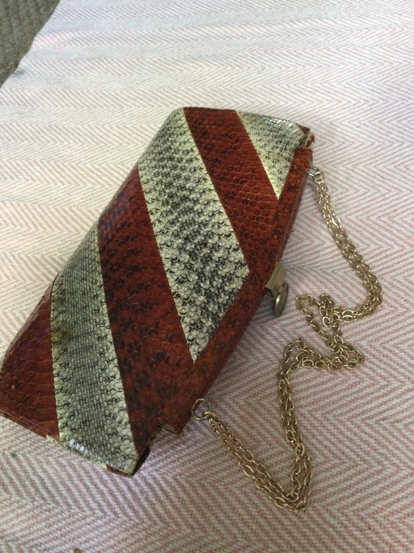 Vintage true Art Deco oxblood red faux snakeskin striped Evening Bag Purse