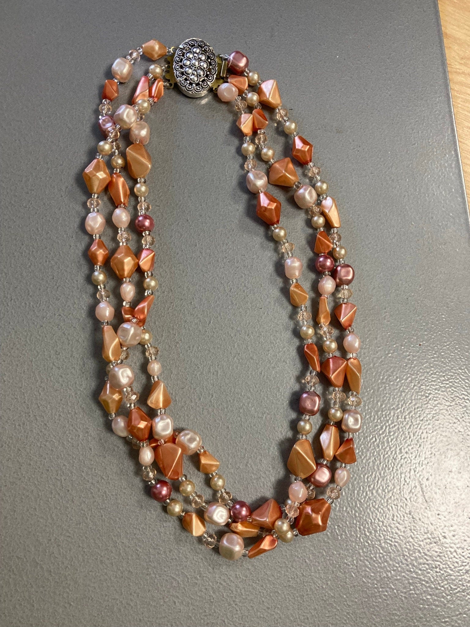 Vintage Retro 1960s 3 triple strand row dusky dark pink orange pearl beaded wide choker waterfall necklace