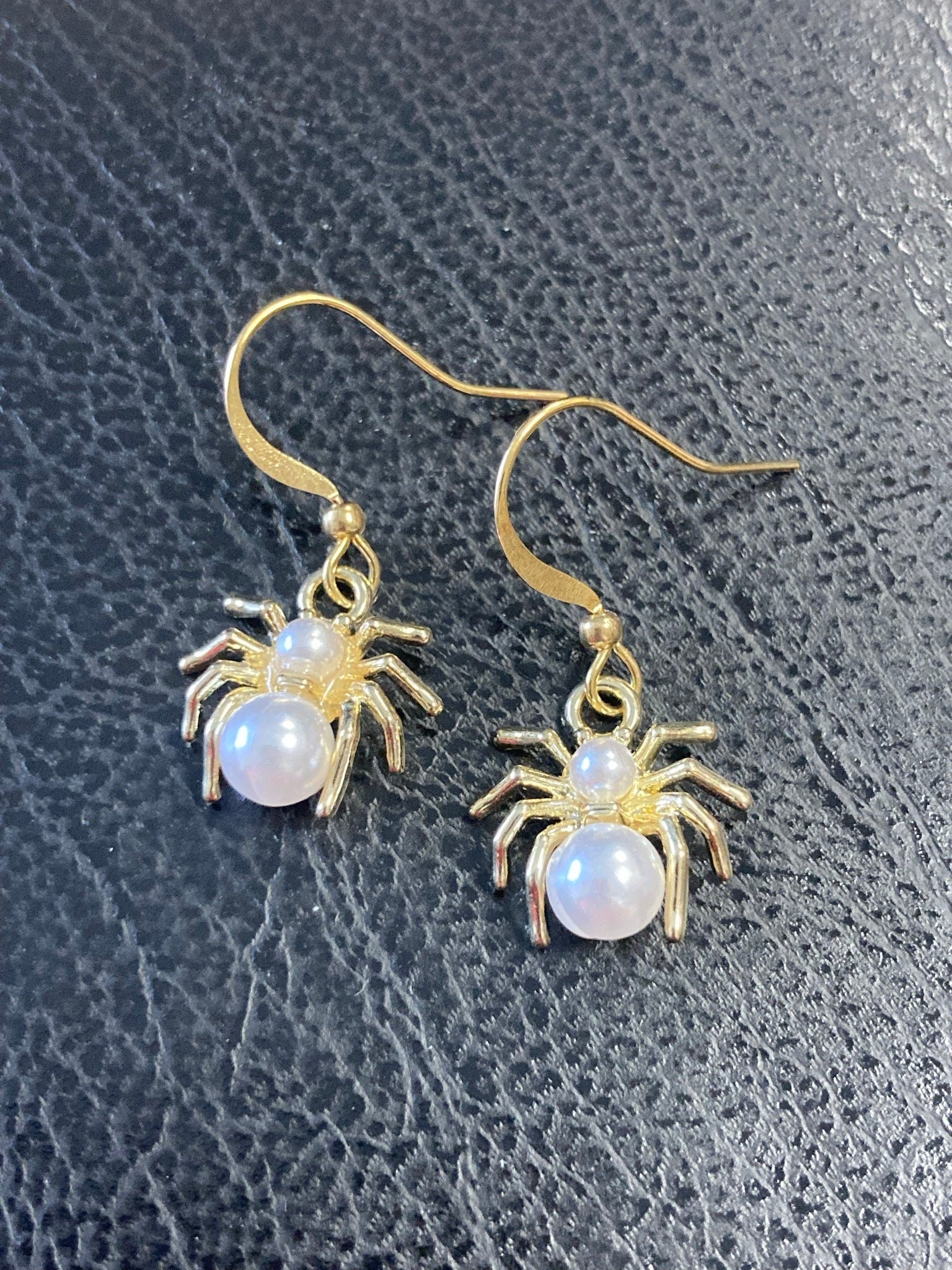 small Spooky Spider pearl drop earrings Handmade gold tone